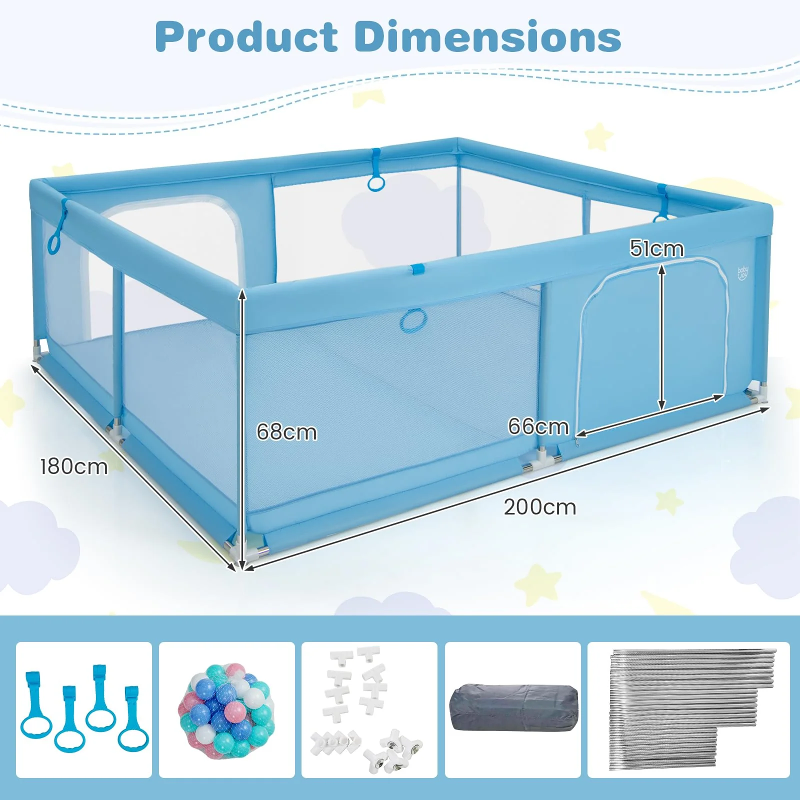 BABY JOY Baby Playpen for Toddlers, 200 x 180 x 68 cm Large Safety Play Yard with 4 Pull Rings & 50 Ocean Balls - Image 6