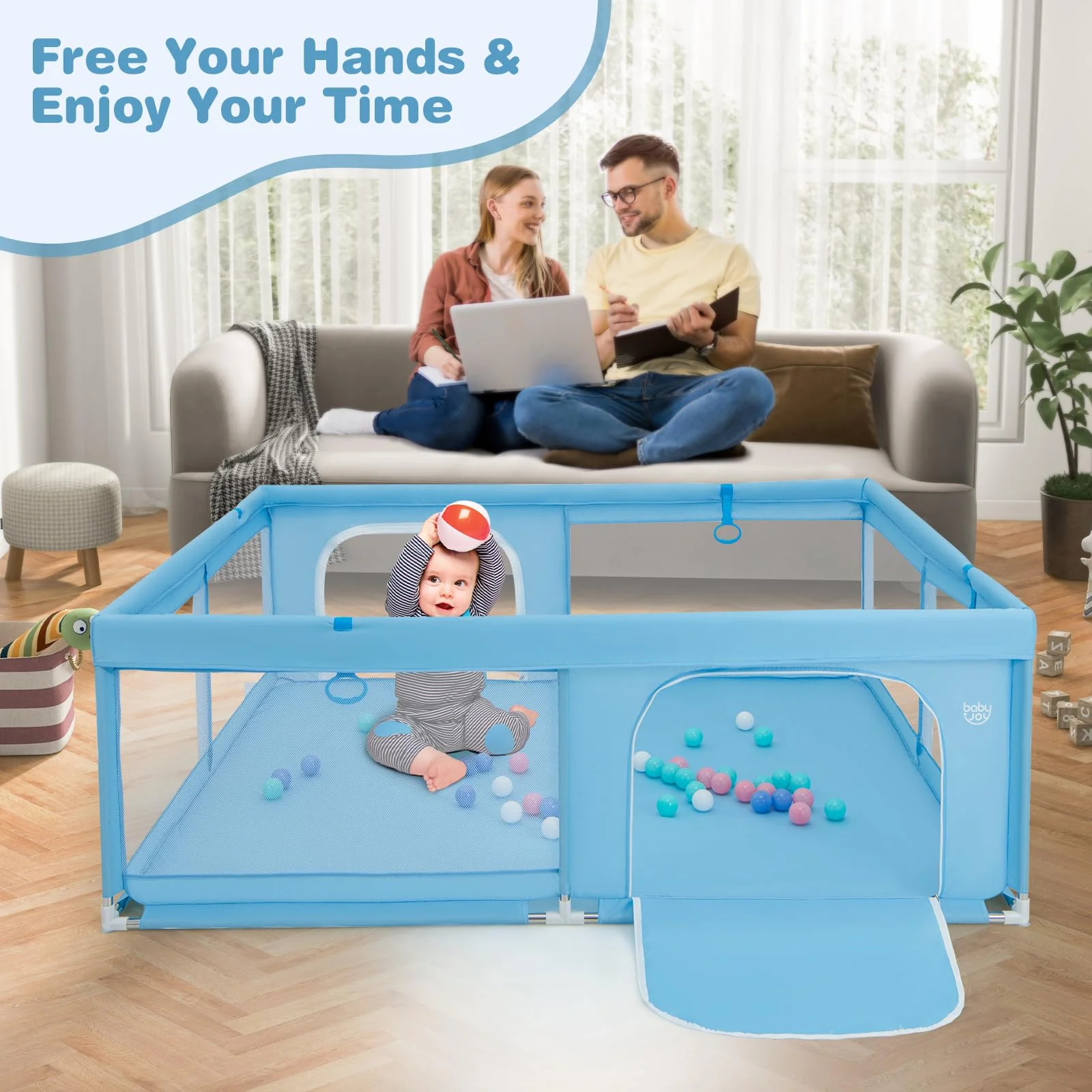 BABY JOY Baby Playpen for Toddlers, 200 x 180 x 68 cm Large Safety Play Yard with 4 Pull Rings & 50 Ocean Balls - Image 8