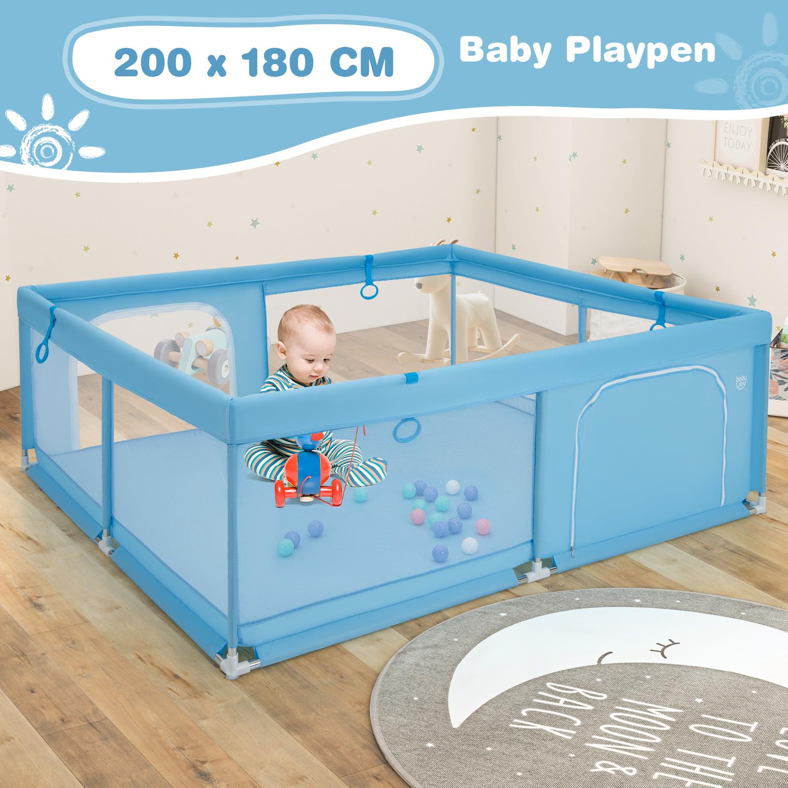 BABY JOY Baby Playpen for Toddlers, 200 x 180 x 68 cm Large Safety Play Yard with 4 Pull Rings & 50 Ocean Balls - Image 9