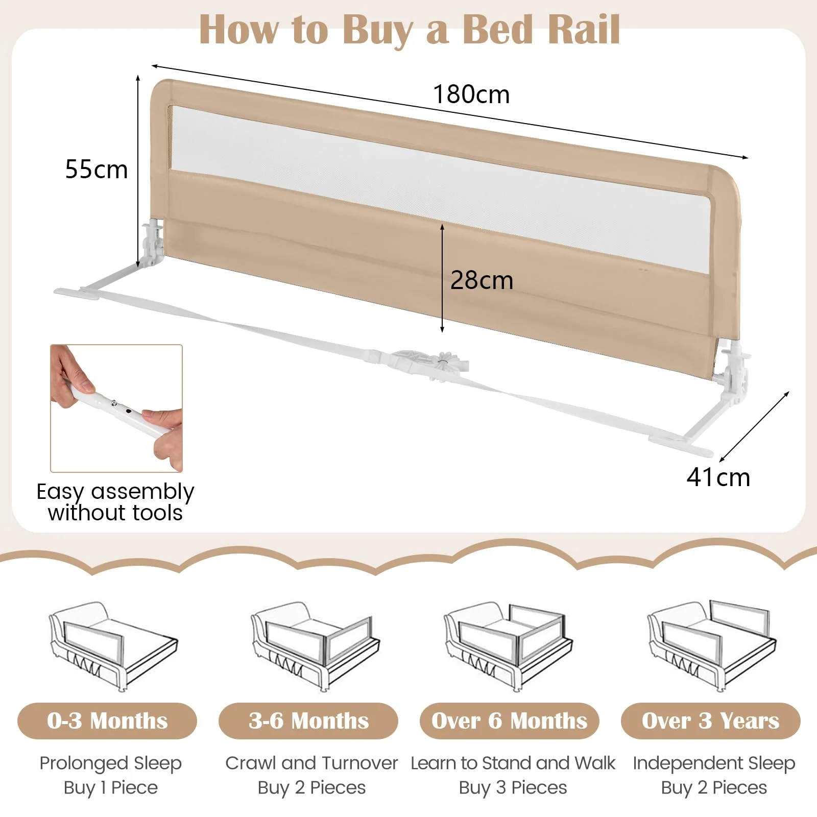 BABY JOY Bed Rail Guard for Toddlers, 180 x 55 cm Foldable Baby Bed Rail - Image 3