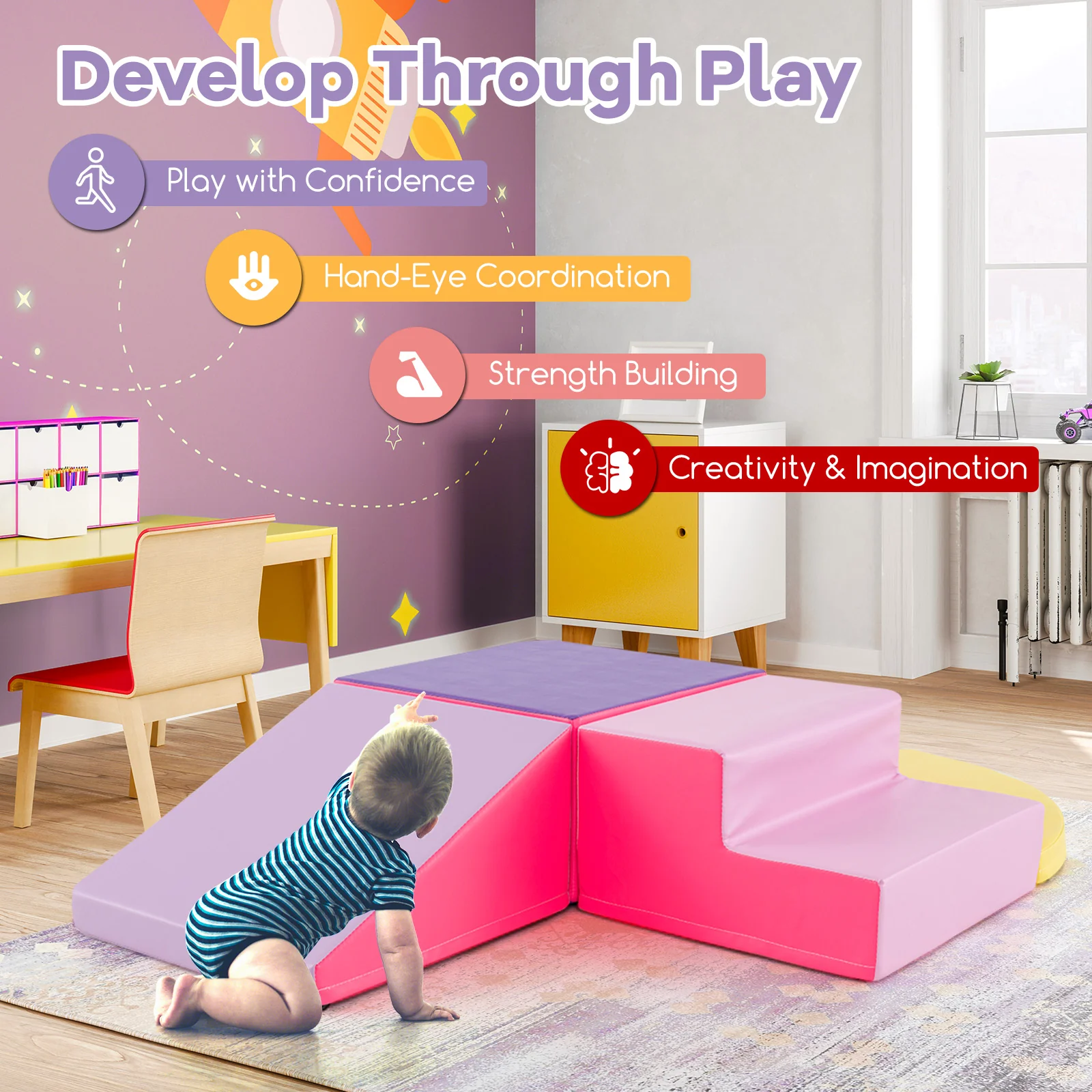 BABY JOY 4-Piece Climb and Crawl Foam Play Set, Soft Toddler Corner Climbing Sliding Blocks - Image 7