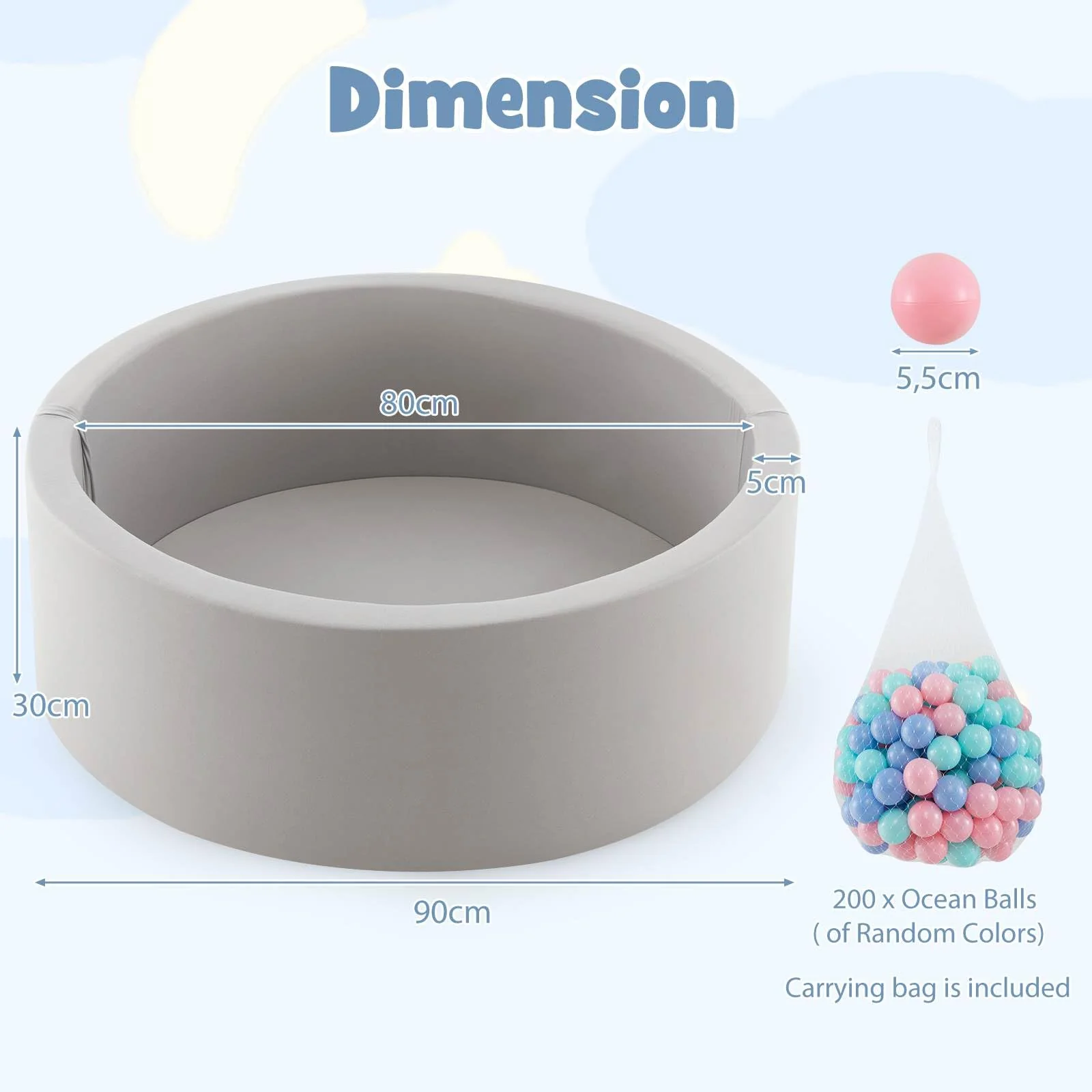 BABY JOY Foam Ball Pit for Kids, Soft Round Ball Pool Playpen Fence with 200 Ocean Balls & Storage Bag - Image 4