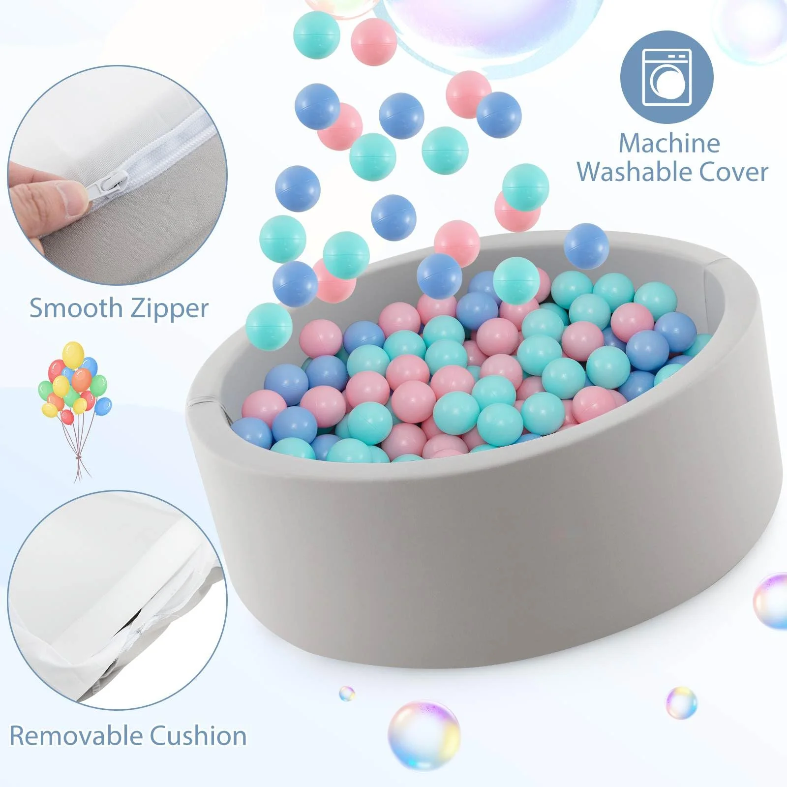 BABY JOY Foam Ball Pit for Kids, Soft Round Ball Pool Playpen Fence with 200 Ocean Balls & Storage Bag - Image 8