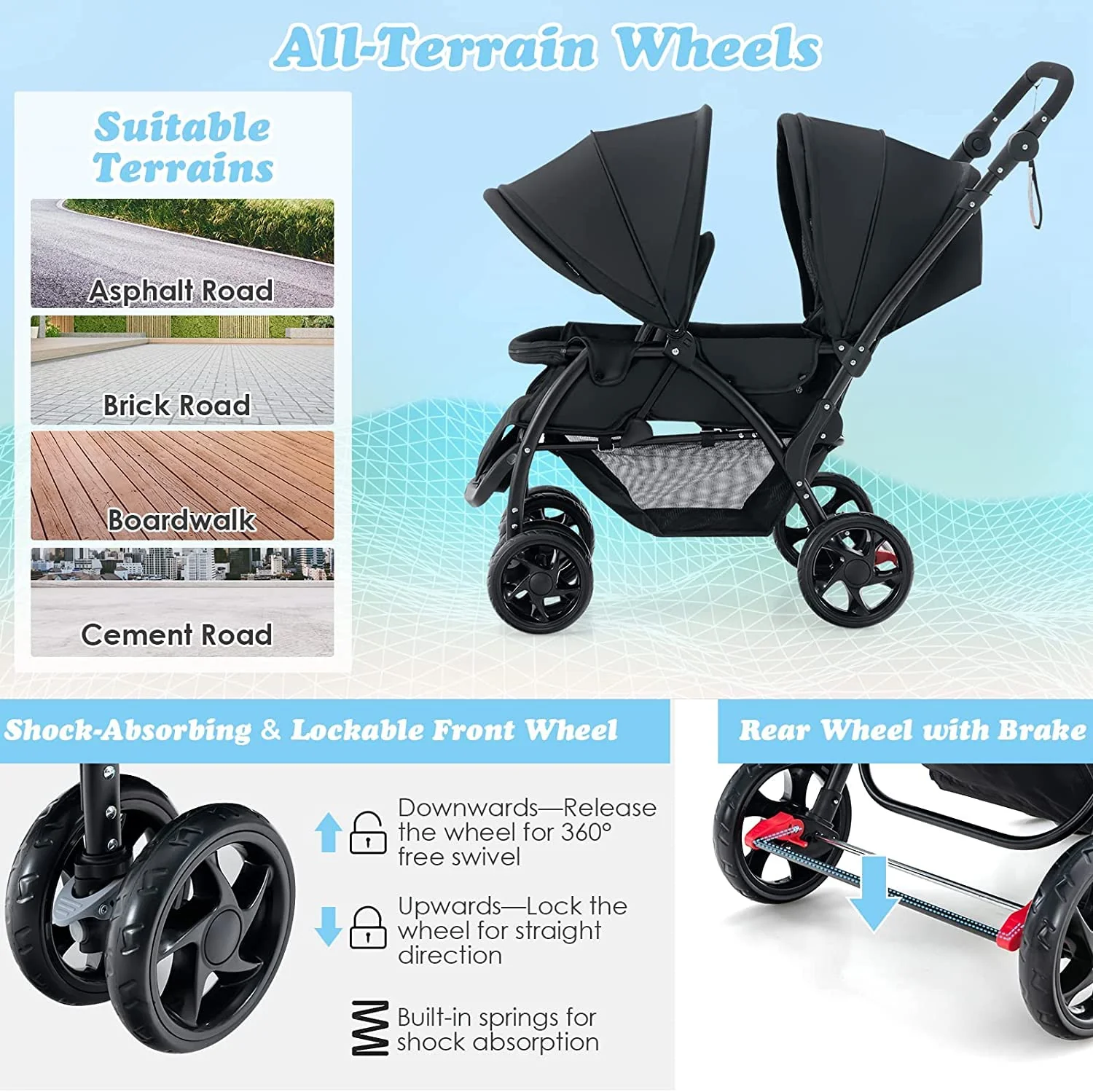 BABY JOY Foldable Tandem Stroller, Twin Pram - Image 6
