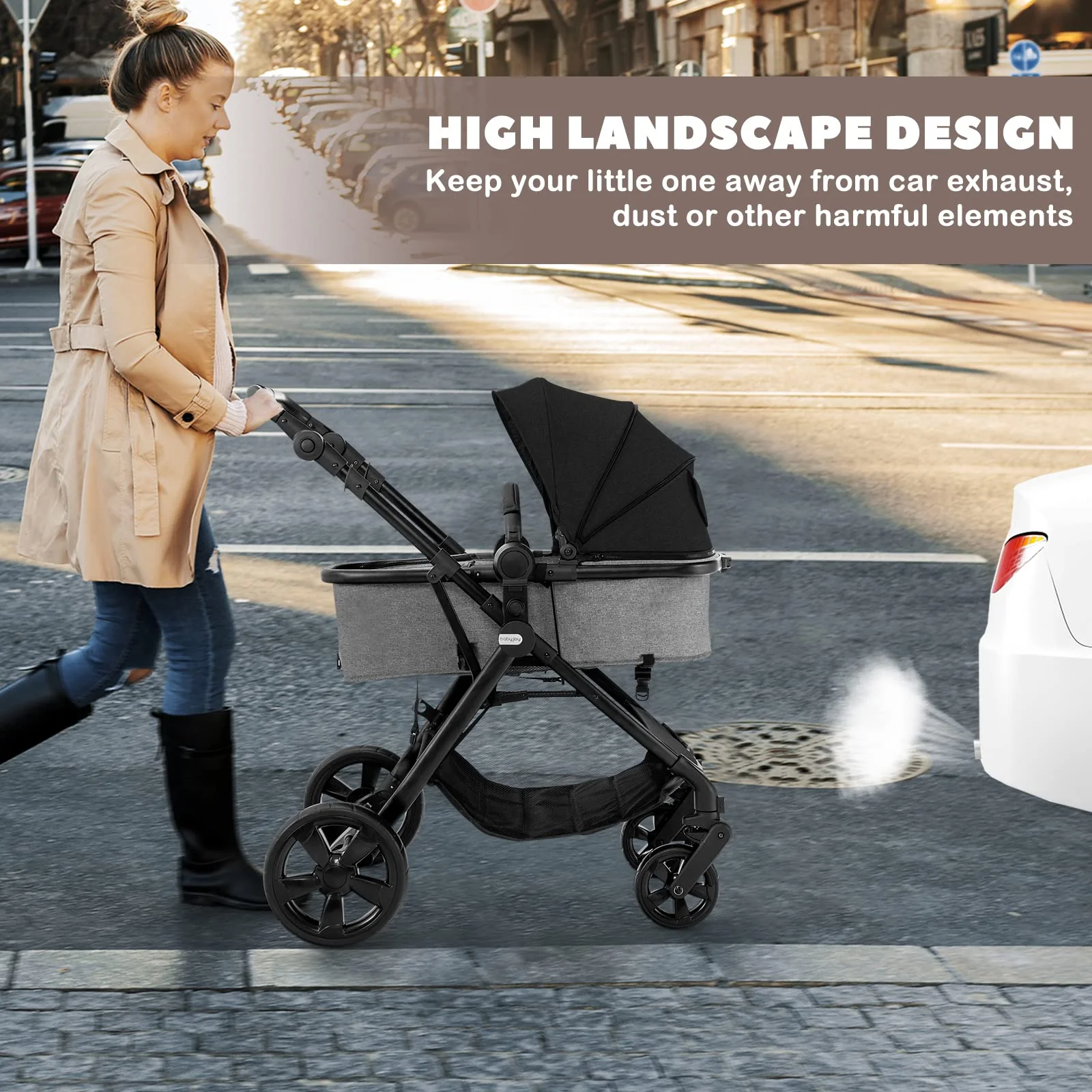 BABY JOY 2 in 1 High Landscape Baby Stroller, Convertible Baby Pram Jogger - Image 4
