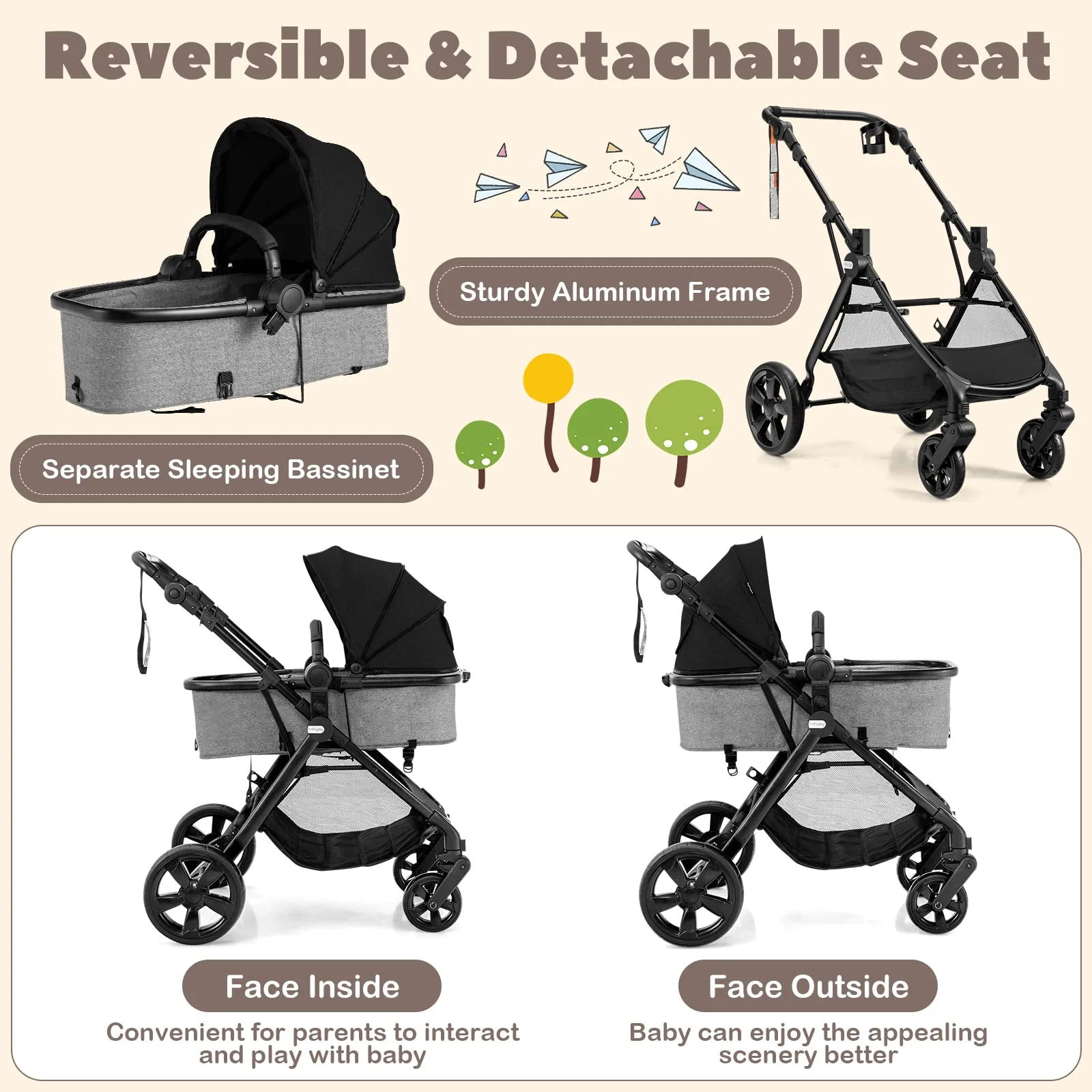 BABY JOY 2 in 1 High Landscape Baby Stroller, Convertible Baby Pram Jogger - Image 5