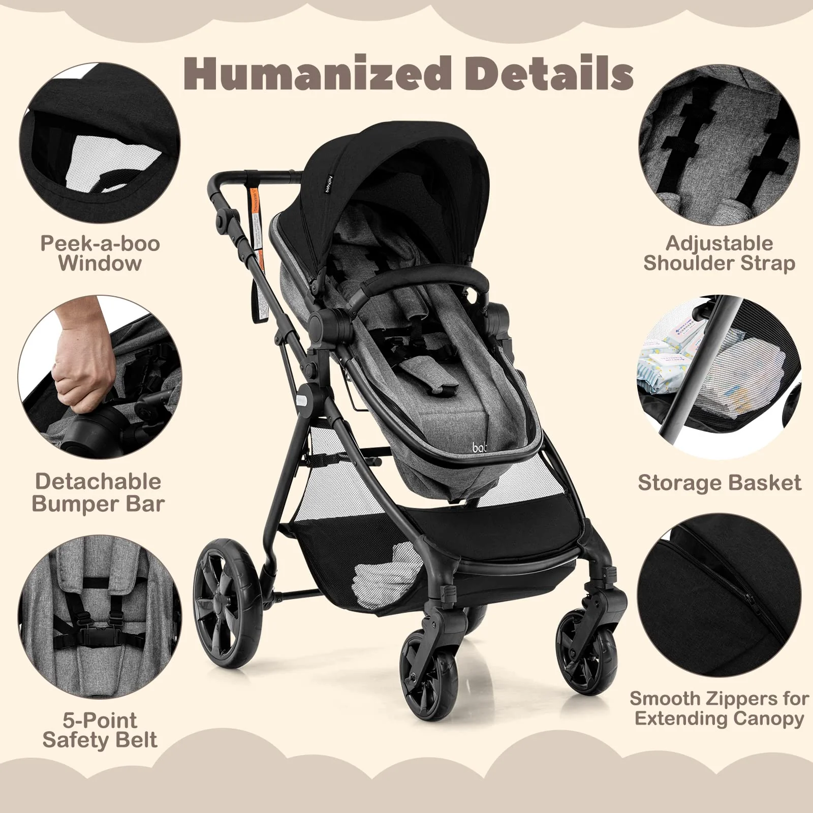 BABY JOY 2 in 1 High Landscape Baby Stroller, Convertible Baby Pram Jogger - Image 7
