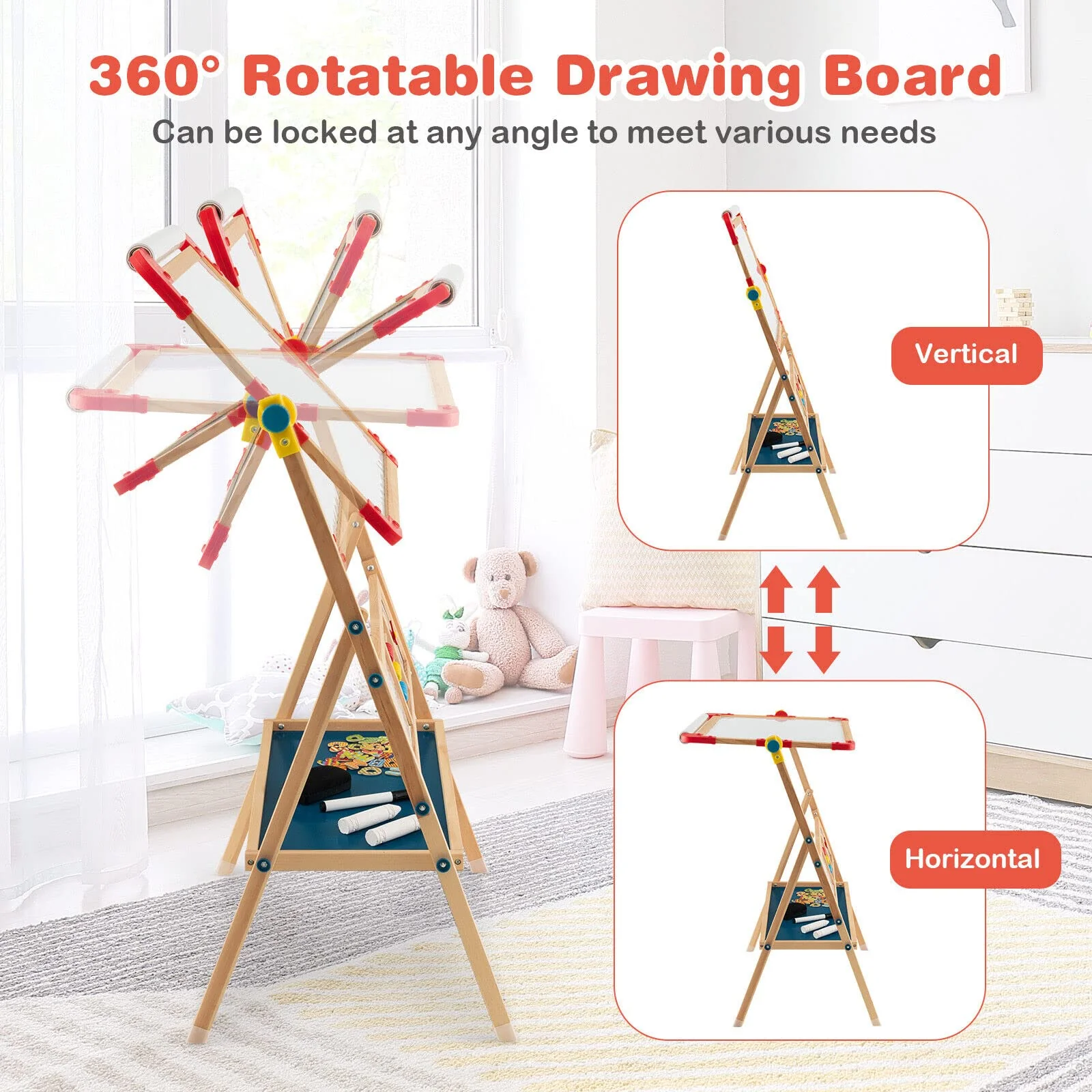 BABY JOY Kids Art Easel, 3 in 1 Wooden Art Easel for Toddlers w/Whiteboard, Chalkboard, Paper Roll - Image 2