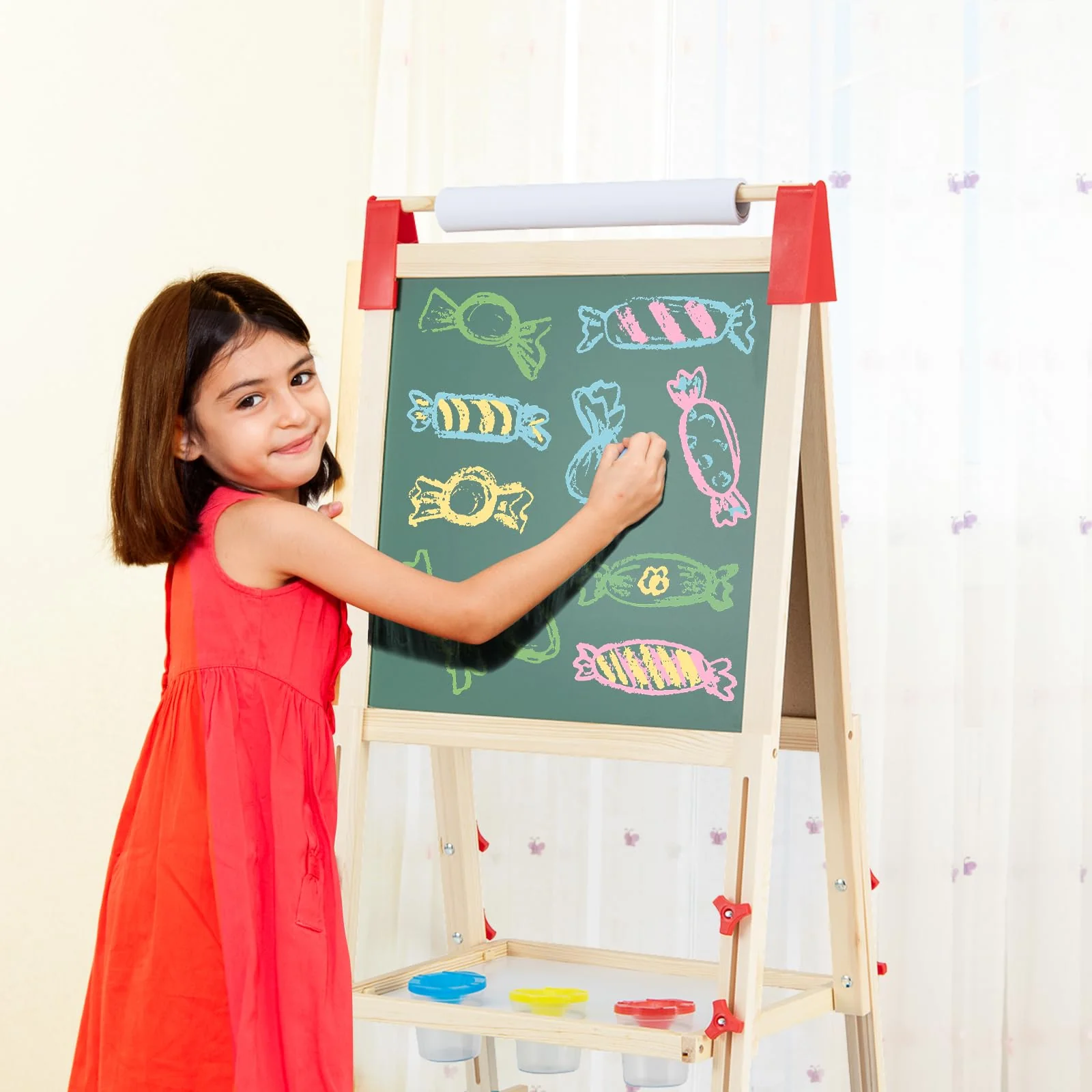 BABY JOY Kids Art Easel, Adjustable Height Double Sided Easel w/Chalkboard & Whiteboard - Image 2