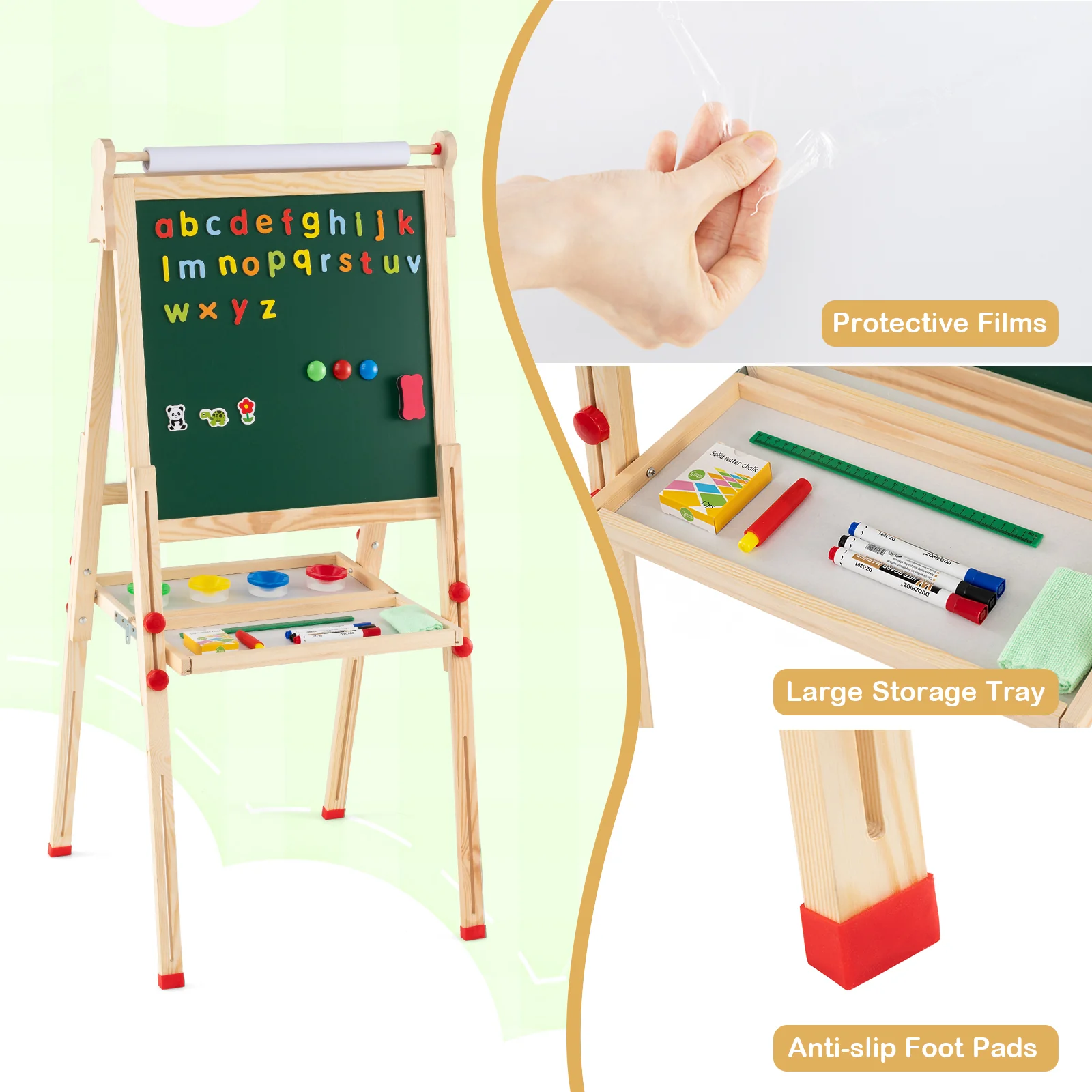 BABY JOY Kids Art Easel, Wooden Foldable Double-Sided Chalkboard Whiteboard w/Board Eraser - Image 4