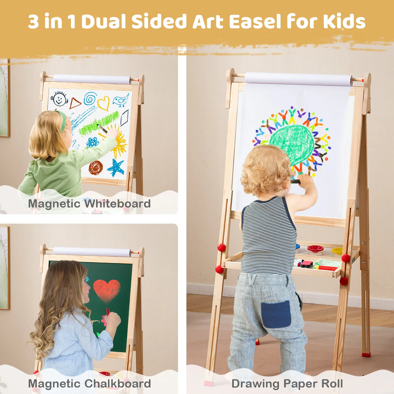 BABY JOY Kids Art Easel, Wooden Foldable Double-Sided Chalkboard Whiteboard w/Board Eraser - Image 5