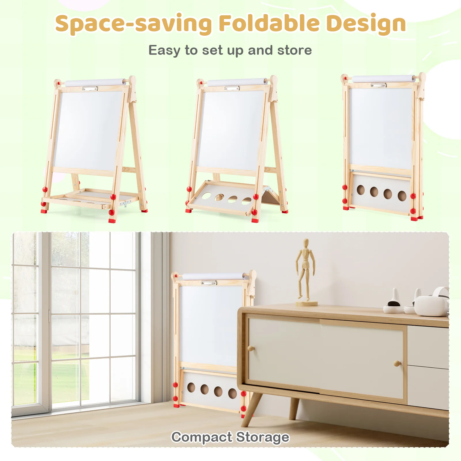 BABY JOY Kids Art Easel, Wooden Foldable Double-Sided Chalkboard Whiteboard w/Board Eraser - Image 7