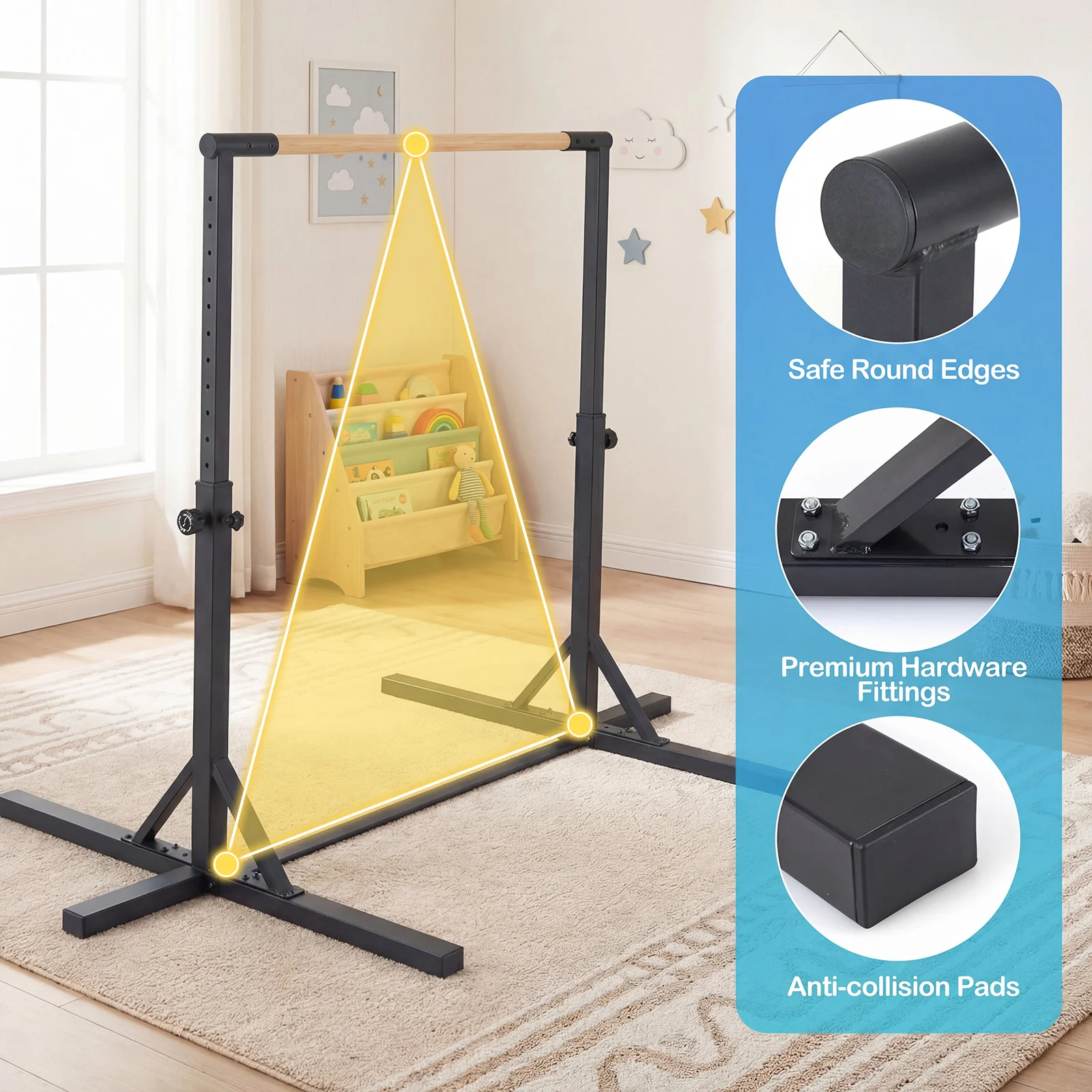 BABY JOY Kids Gymnastic Training Bar, 90 to 150cm Height Adjustable Expandable Exercise Horizontal Kip Bar w/Double Locking Mechanism - Image 5