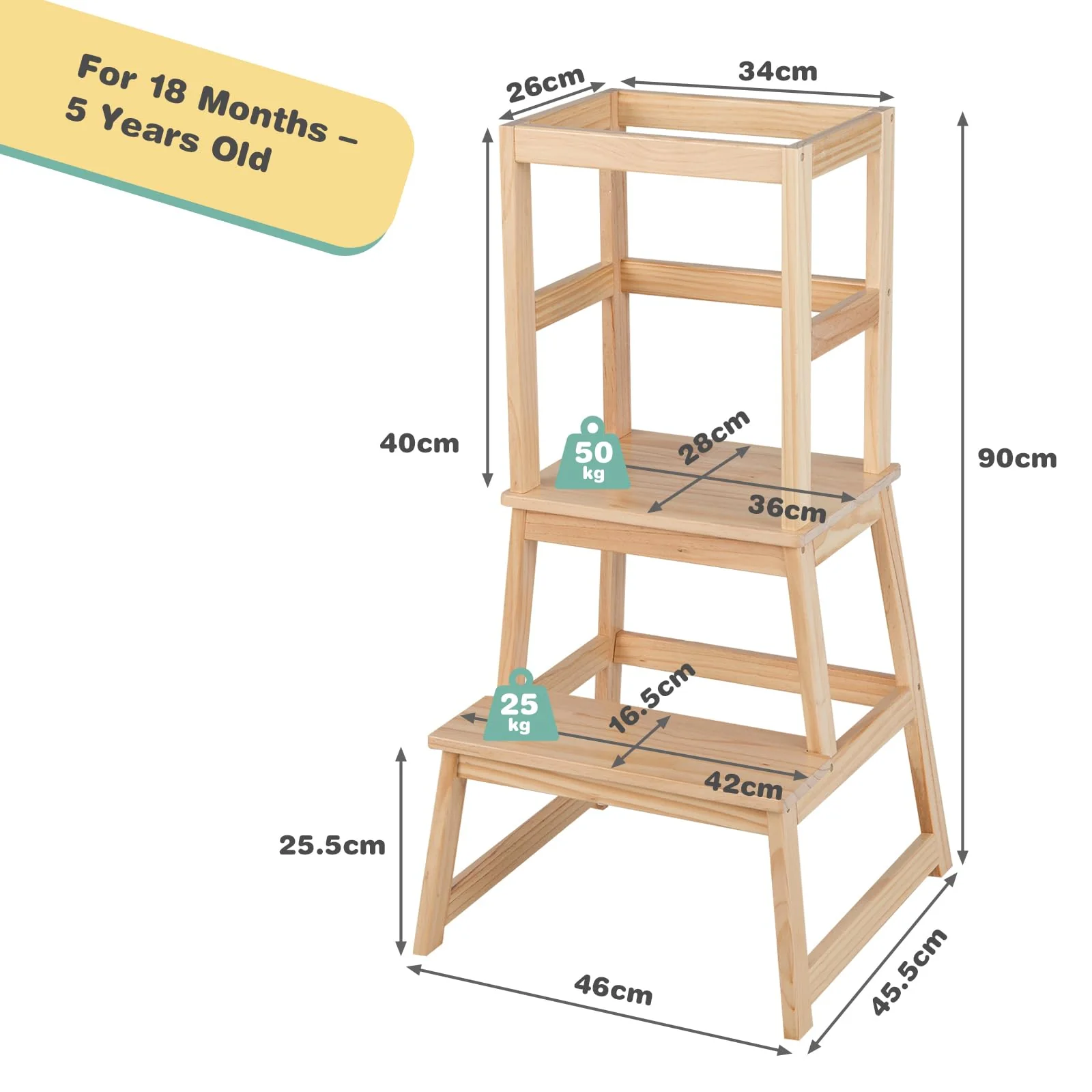BABY JOY Kids Kitchen Step Stool with Safety Rail, 2 in 1 Solid Wood Montessori Learning Stool - Image 3