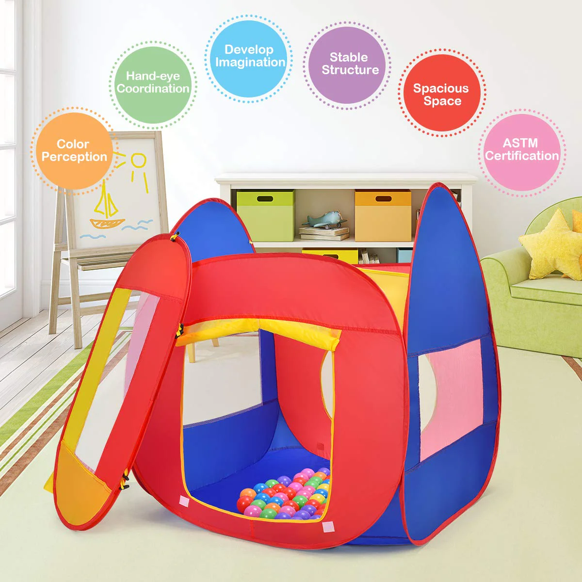 BABY JOY Kids Play House, Children Pop Up Toys Play Tent with 100 Ocean Balls & Carry Bag - Image 5