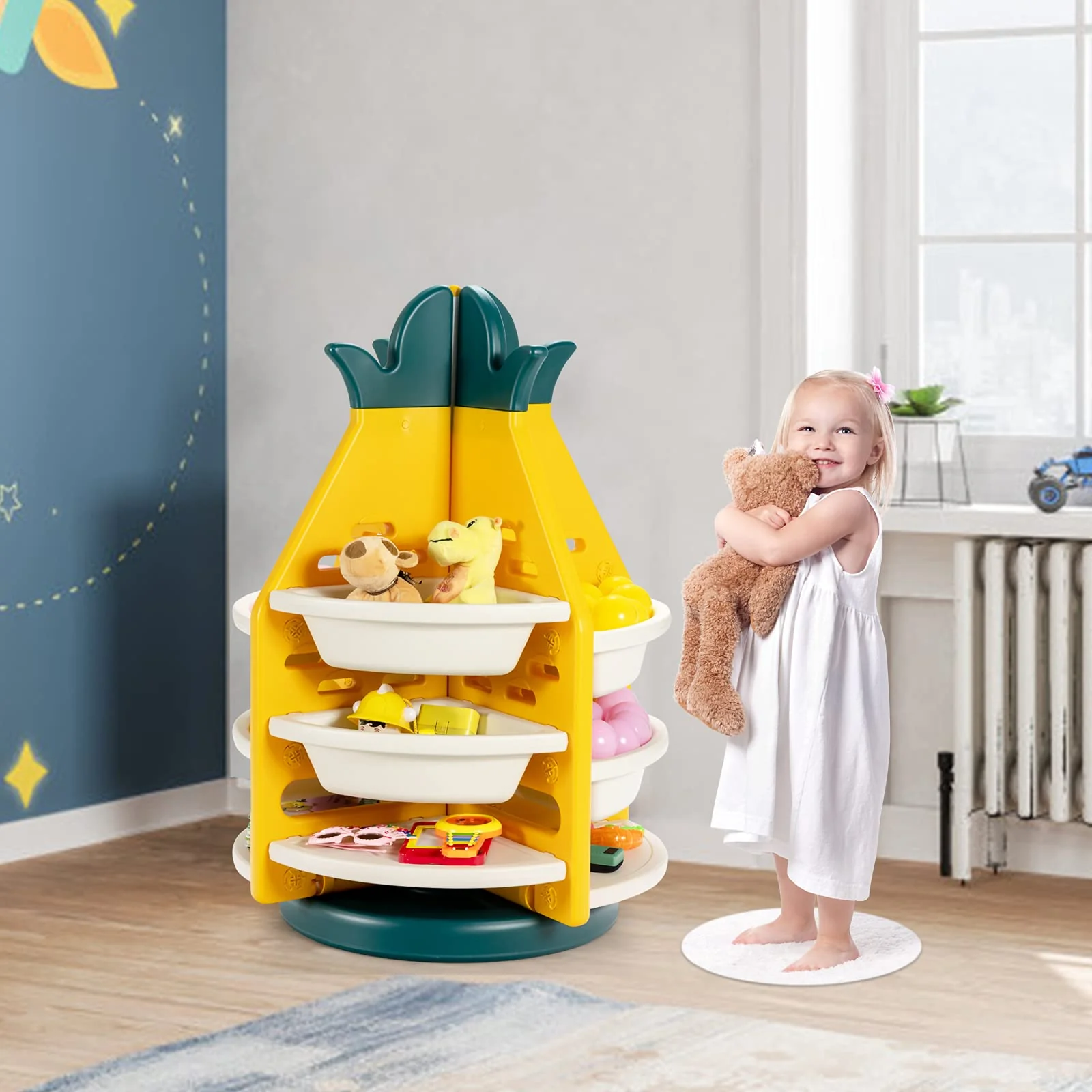 BABY JOY Kids Toy Storage Organiser, 3-Tier 360° Rotating Toy Shelf w/ 8 Bins & 4 Shelves - Image 3