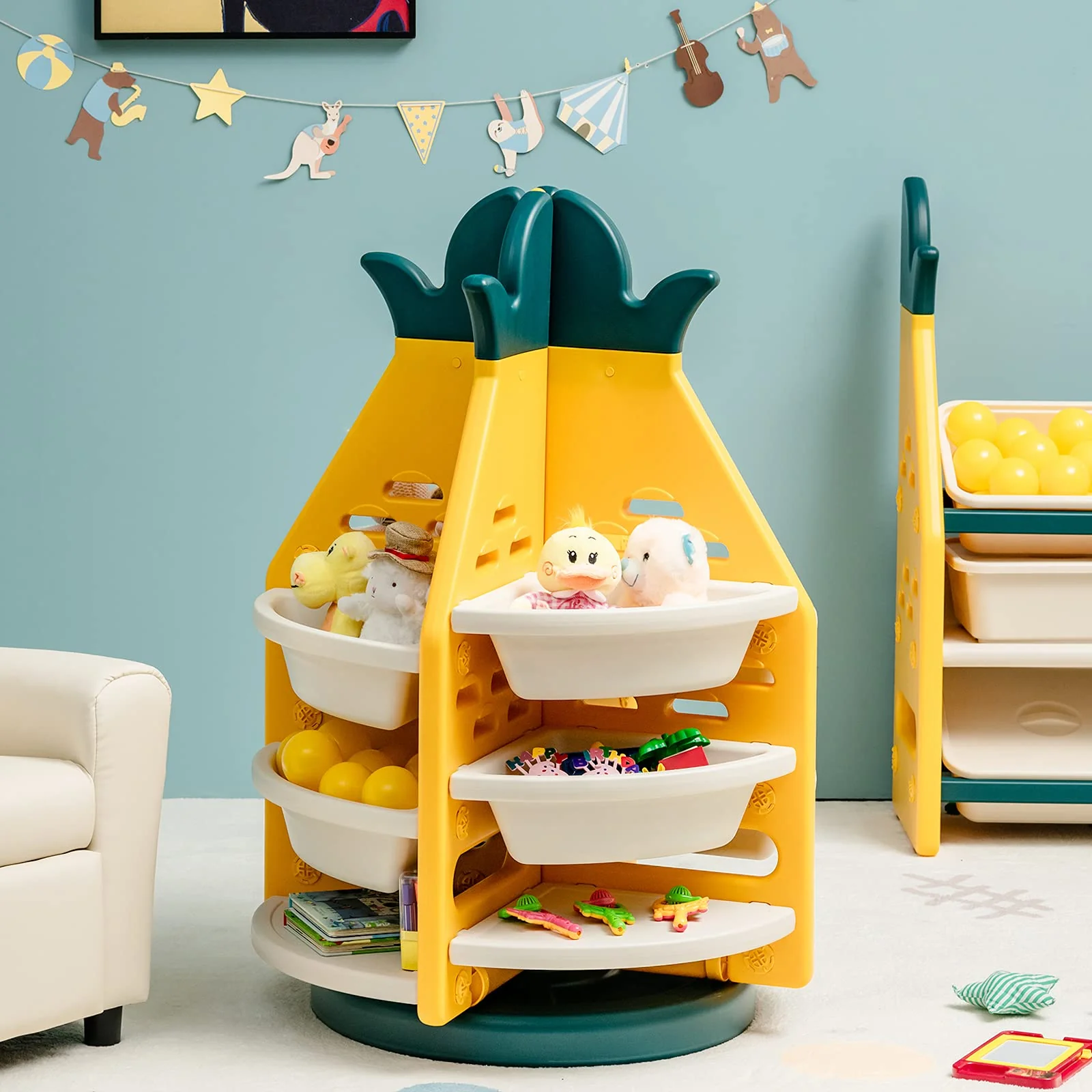 BABY JOY Kids Toy Storage Organiser, 3-Tier 360° Rotating Toy Shelf w/ 8 Bins & 4 Shelves - Image 4