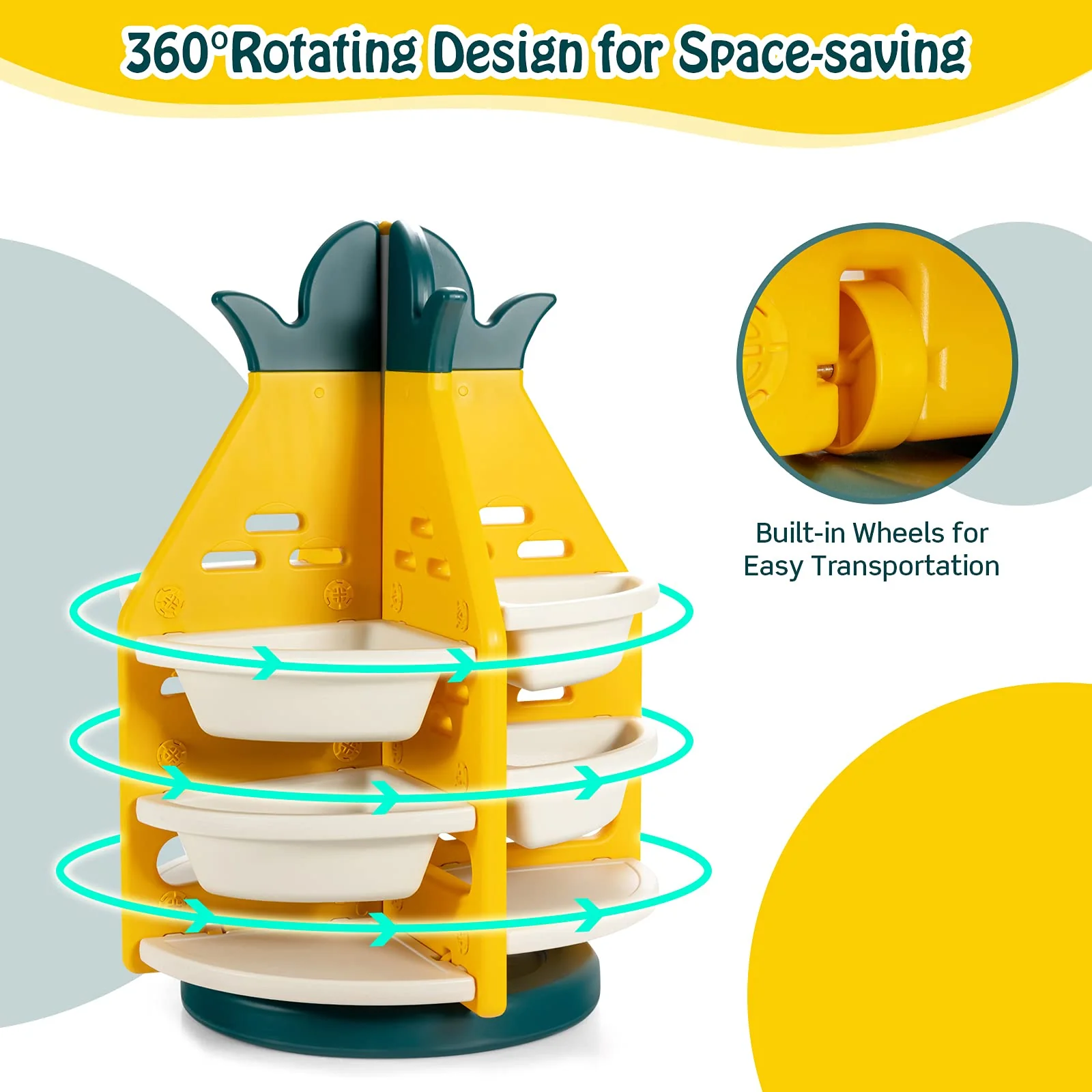 BABY JOY Kids Toy Storage Organiser, 3-Tier 360° Rotating Toy Shelf w/ 8 Bins & 4 Shelves - Image 5