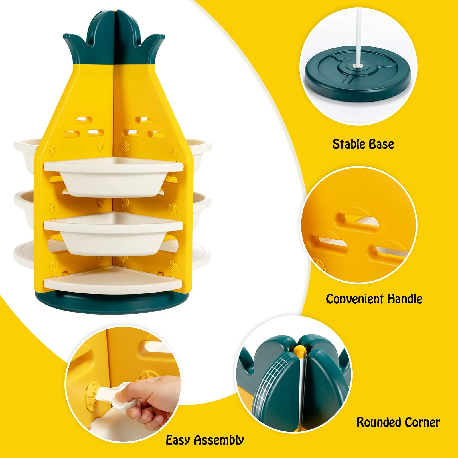 BABY JOY Kids Toy Storage Organiser, 3-Tier 360° Rotating Toy Shelf w/ 8 Bins & 4 Shelves - Image 7