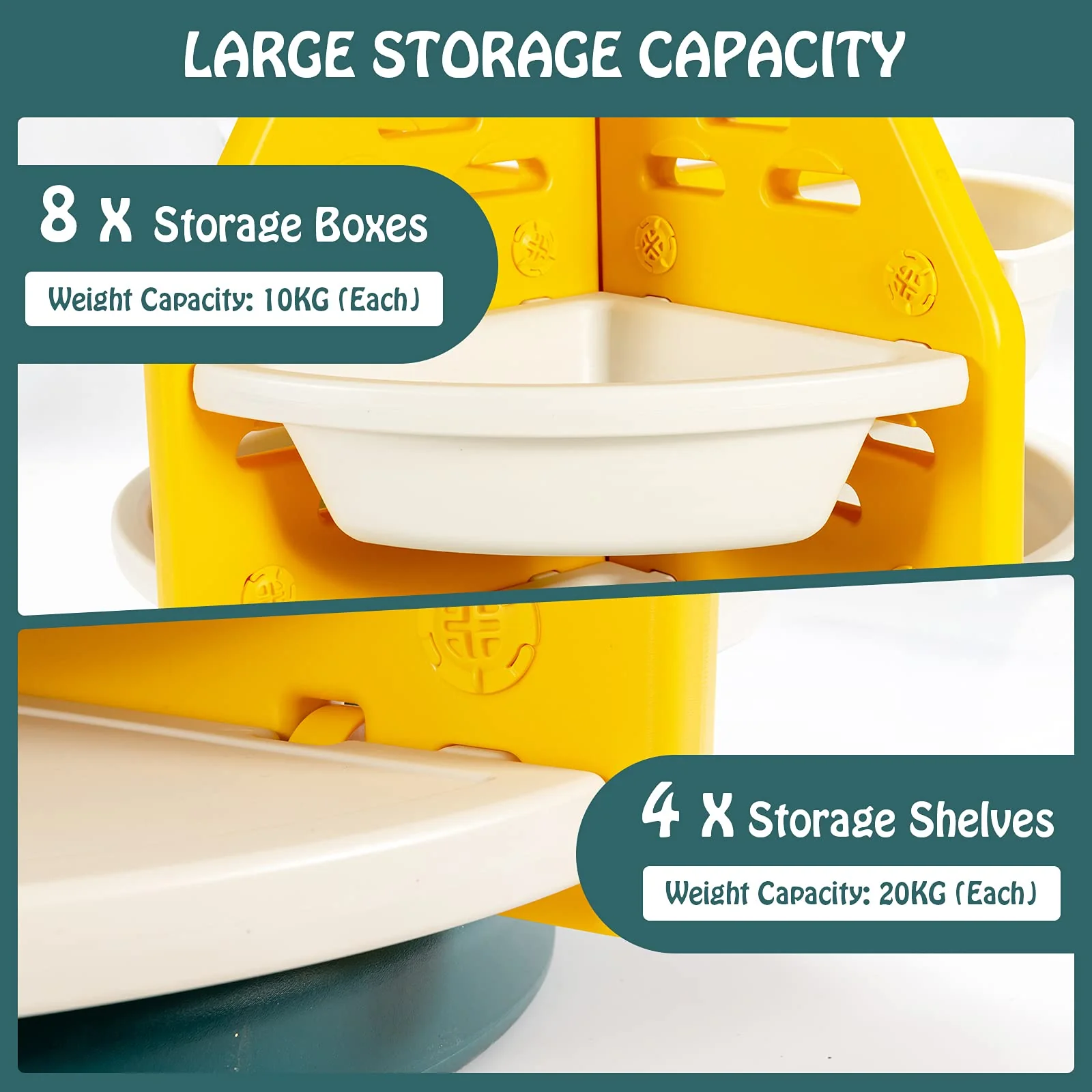 BABY JOY Kids Toy Storage Organiser, 3-Tier 360° Rotating Toy Shelf w/ 8 Bins & 4 Shelves - Image 8