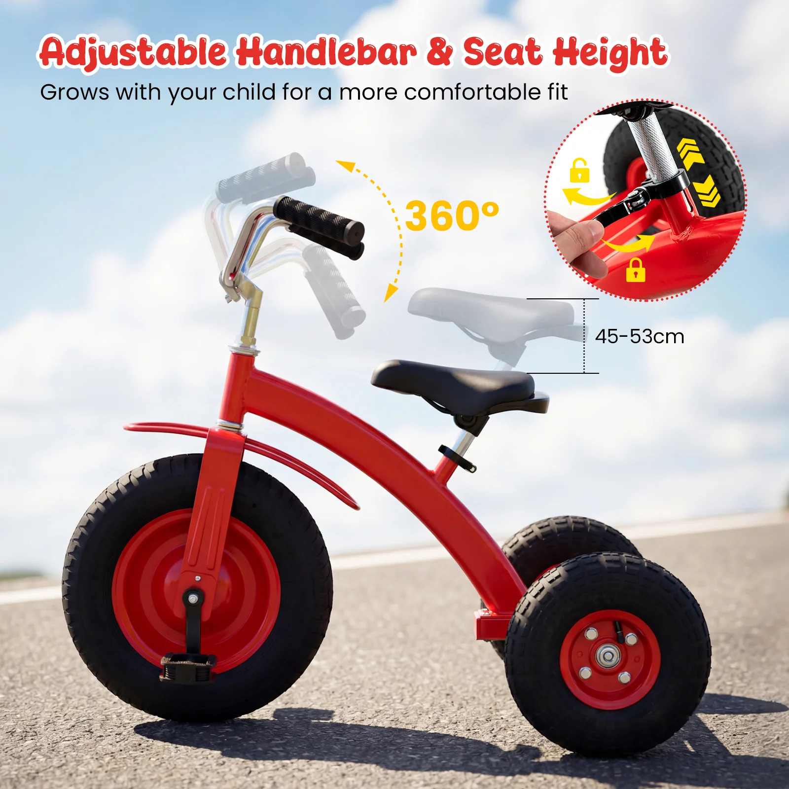 BABY JOY Kids Tricycle, 15-Inch Front Wheel Trike with Carbon Steel Frame, Inflatable Rubber Tires - Image 10