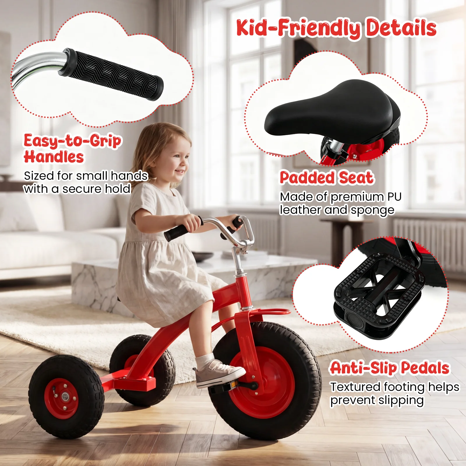 BABY JOY Kids Tricycle, 15-Inch Front Wheel Trike with Carbon Steel Frame, Inflatable Rubber Tires - Image 5