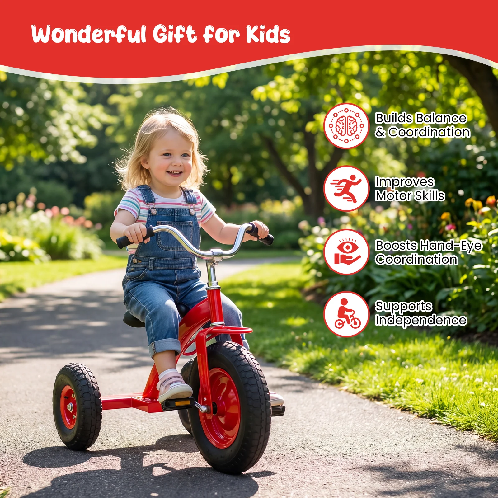 BABY JOY Kids Tricycle, 15-Inch Front Wheel Trike with Carbon Steel Frame, Inflatable Rubber Tires - Image 6