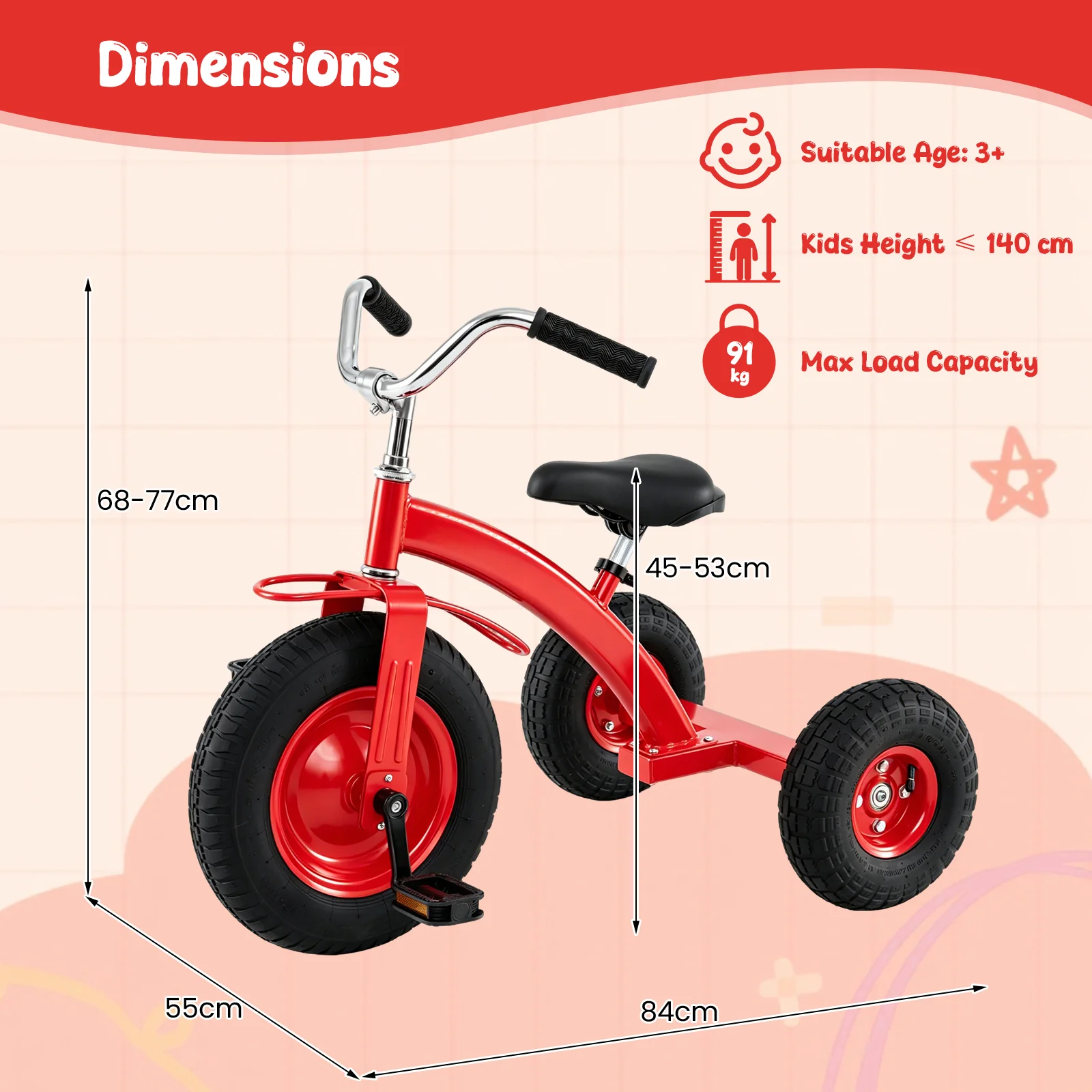 BABY JOY Kids Tricycle, 15-Inch Front Wheel Trike with Carbon Steel Frame, Inflatable Rubber Tires - Image 7