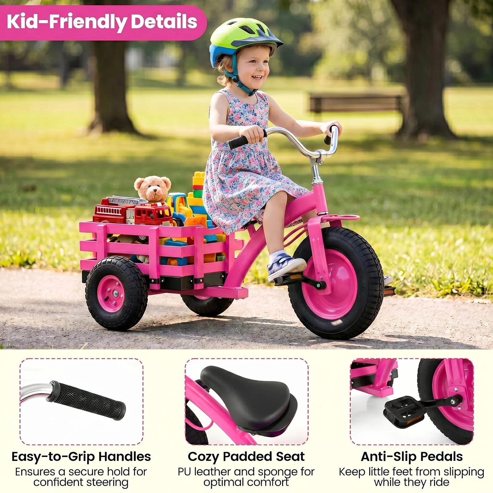 BABY JOY Kids Tricycle with Storage Basket, 15-Inch Front Wheel Trike w/ Carbon Steel Frame, Inflatable Rubber Tires - Image 4