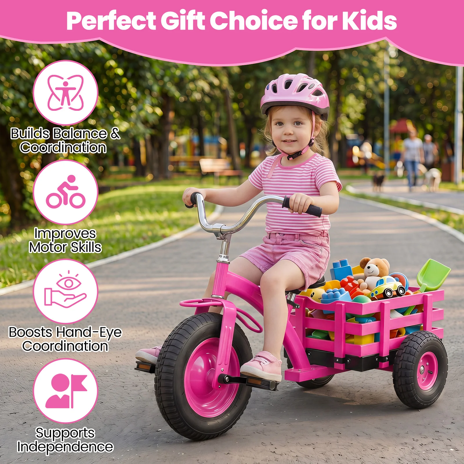 BABY JOY Kids Tricycle with Storage Basket, 15-Inch Front Wheel Trike w/ Carbon Steel Frame, Inflatable Rubber Tires - Image 5