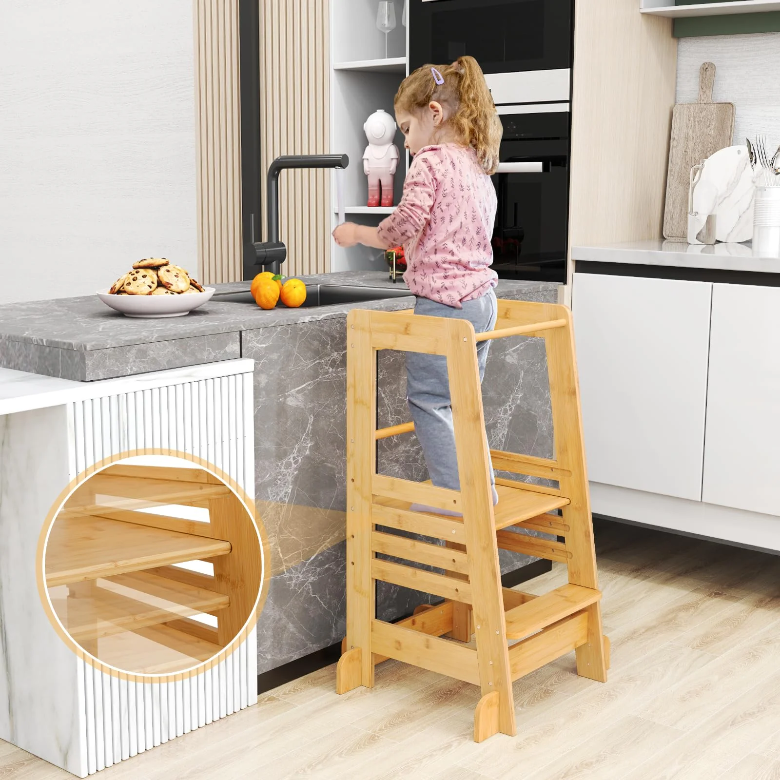 BABY JOY Toddler Standing Tower, Montessori Height Adjustable Kitchen Step Stool for Kids - Image 3