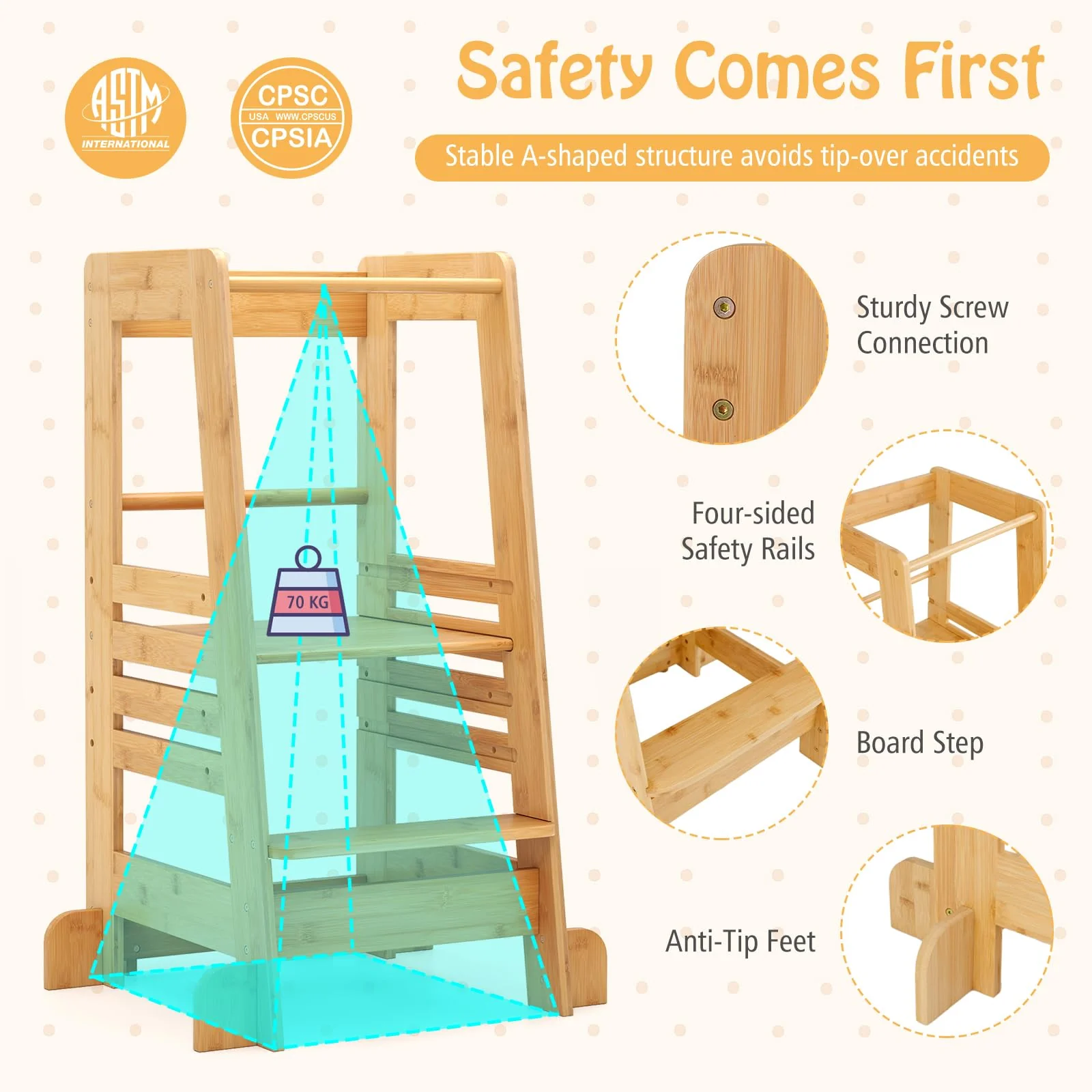 BABY JOY Toddler Standing Tower, Montessori Height Adjustable Kitchen Step Stool for Kids - Image 6