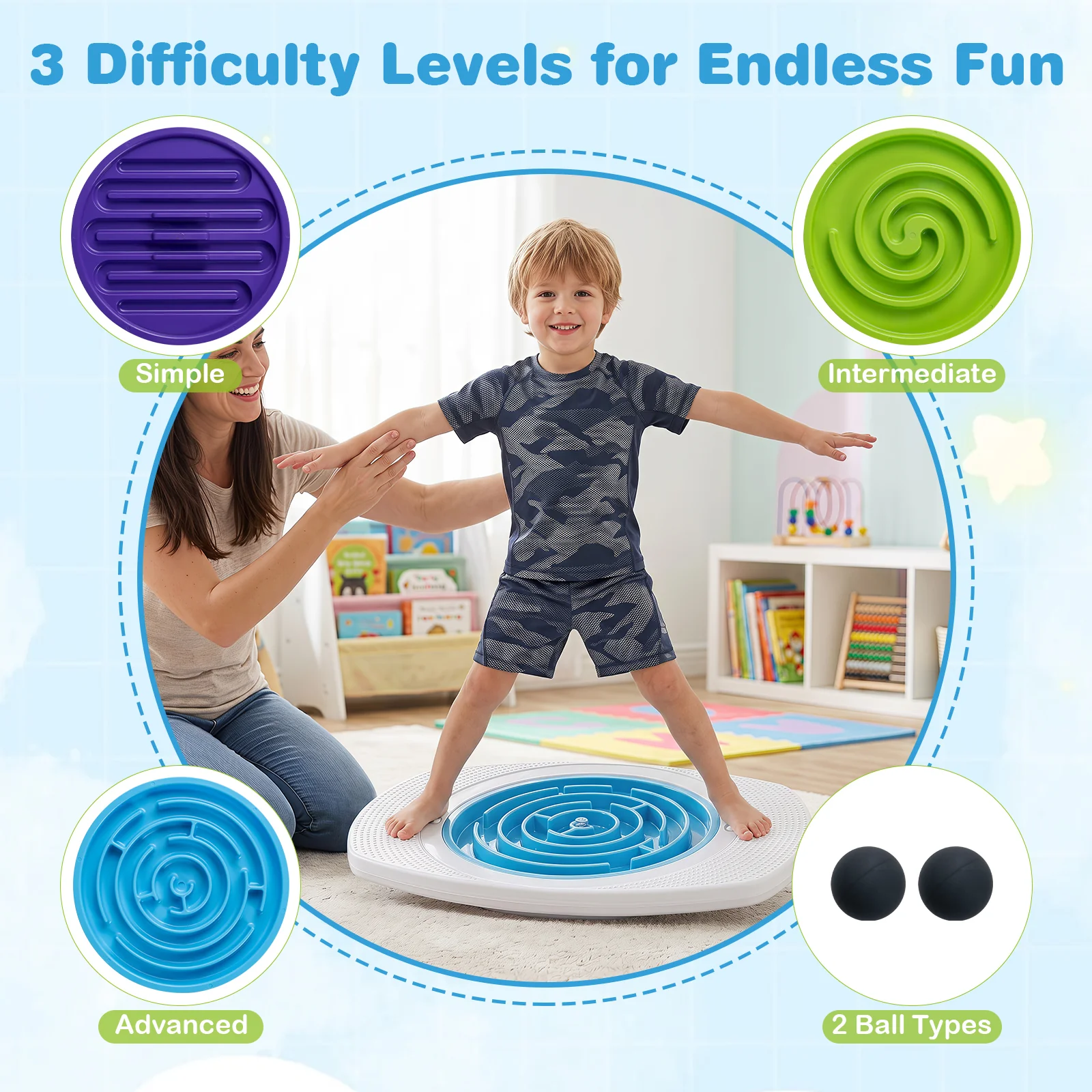 Balance Board for Kids with 3 Maze Discs & 2 Balls 2-in-1 Wobble Board for Sensory Training - Image 5