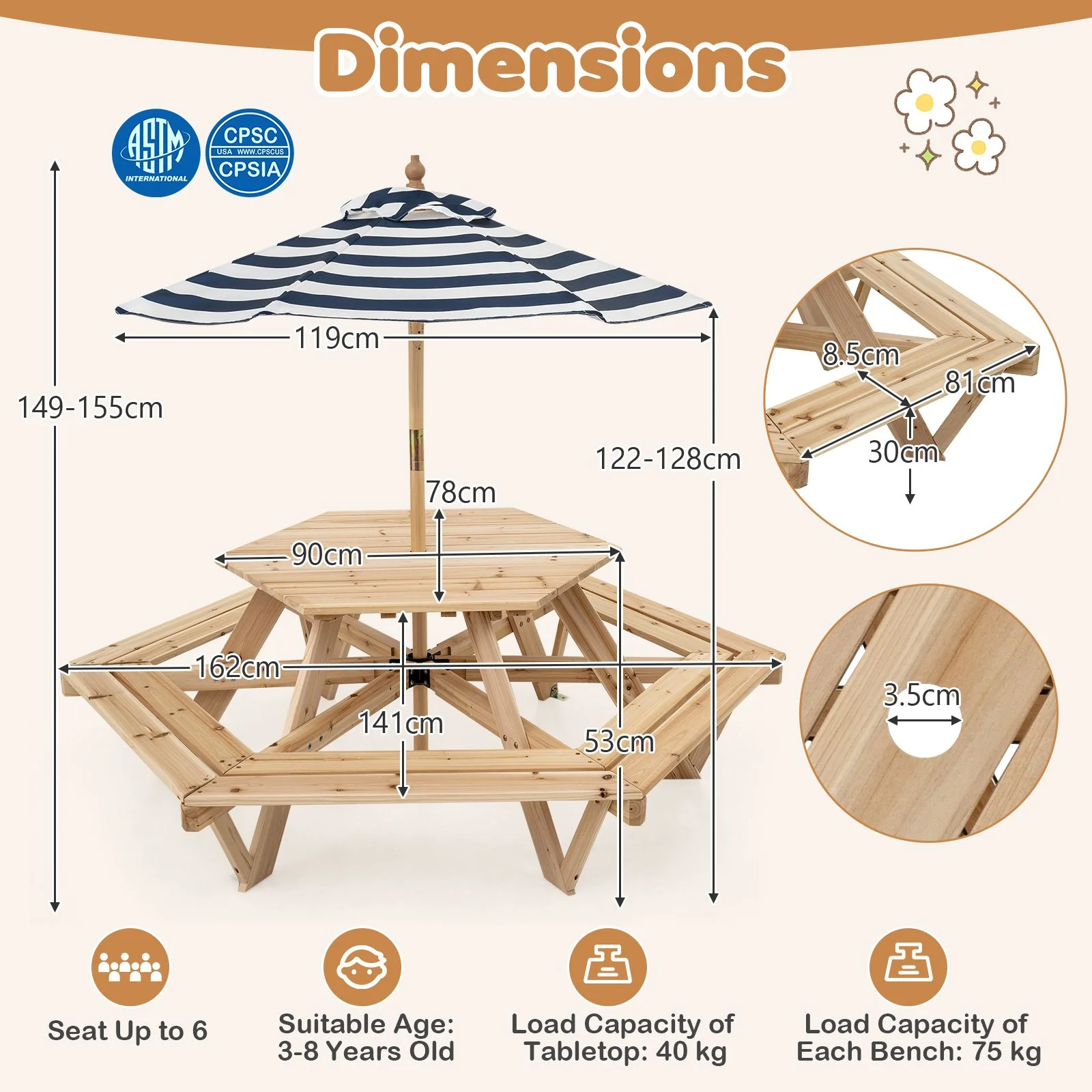 Children Activity Table with Chairs Picnic Table for Backyard Deck - Image 9