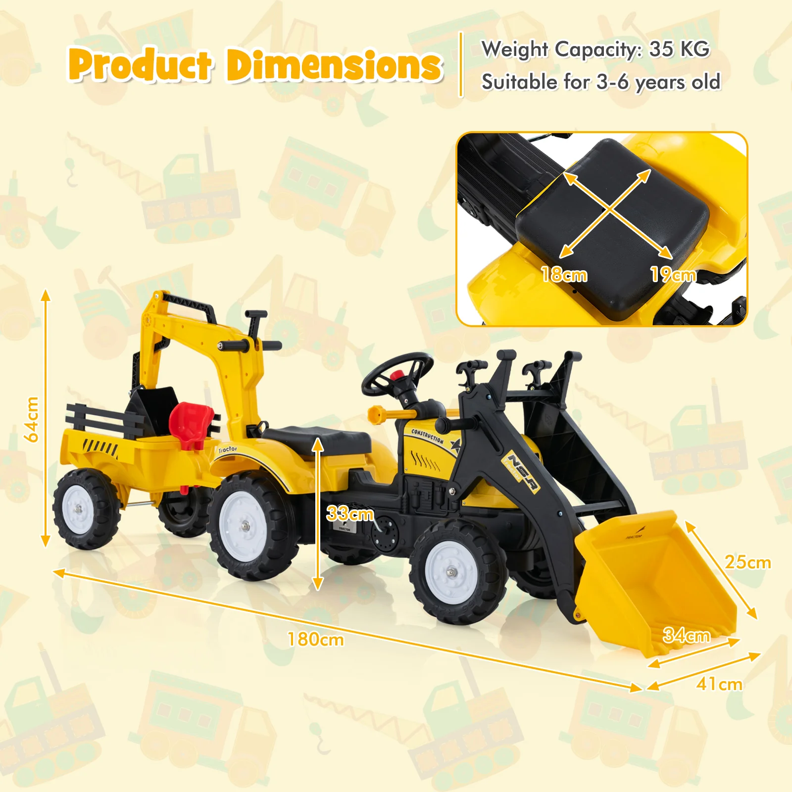 Children Outdoor Toys Pedal Tractor for 3-6 year old kids, Yellow/ Green - Image 8