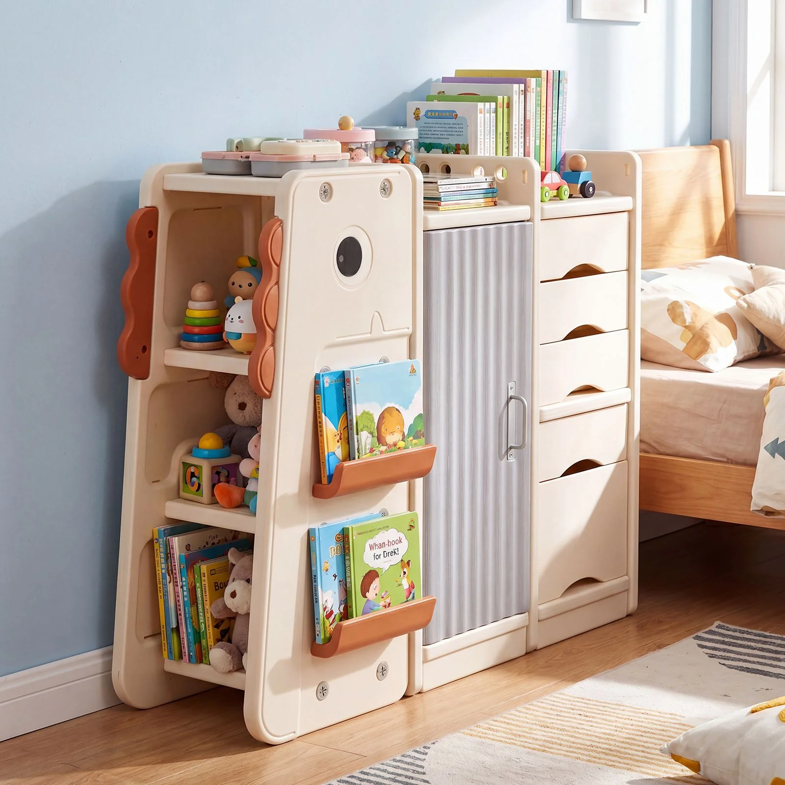 Dinosaur Toy Storage with 5 Bins and 3-Tier Bookshelf for Kids - Image 2
