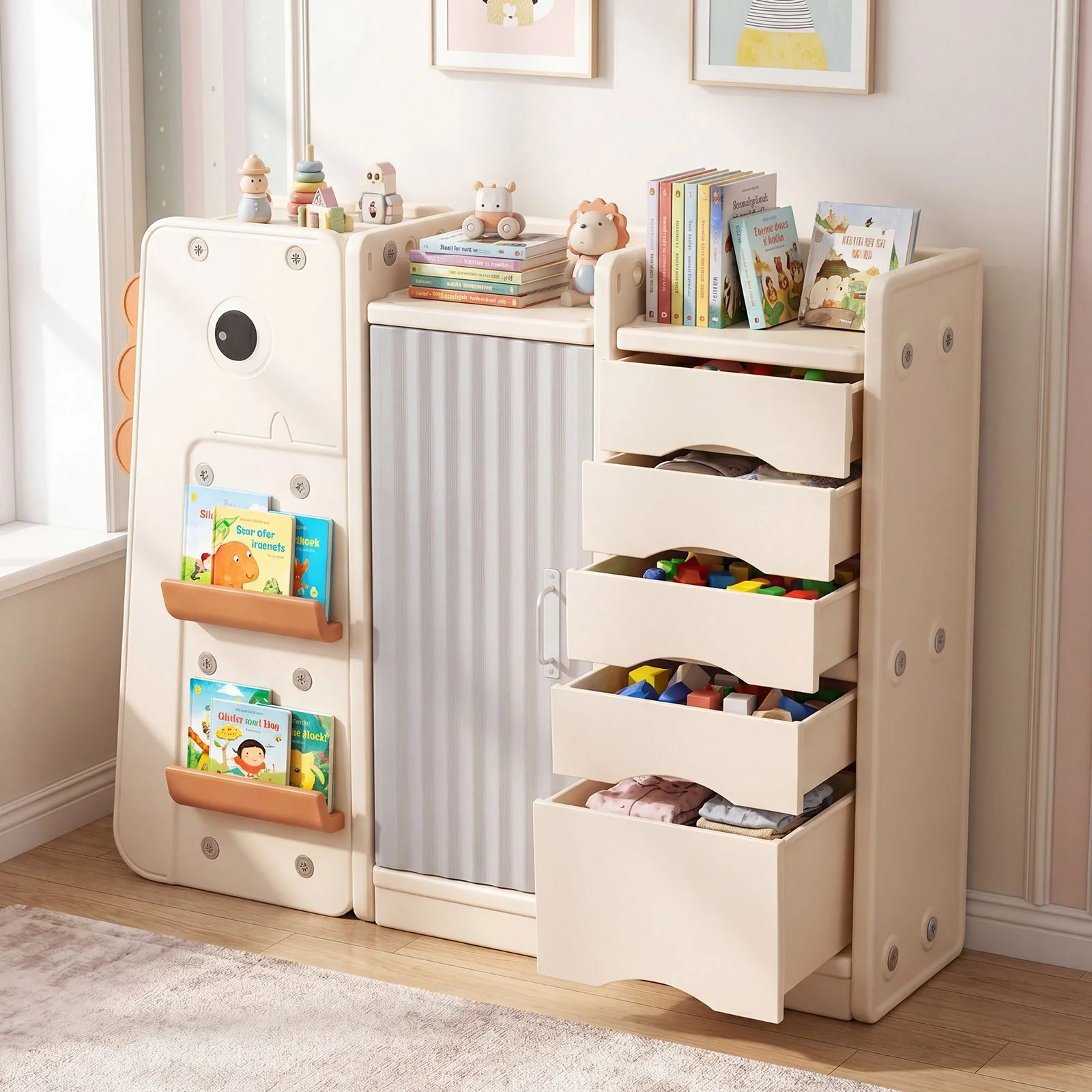 Dinosaur Toy Storage with 5 Bins and 3-Tier Bookshelf for Kids - Image 3
