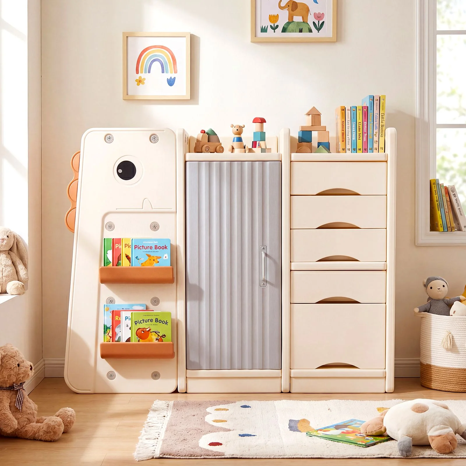 Dinosaur Toy Storage with 5 Bins and 3-Tier Bookshelf for Kids - Image 4