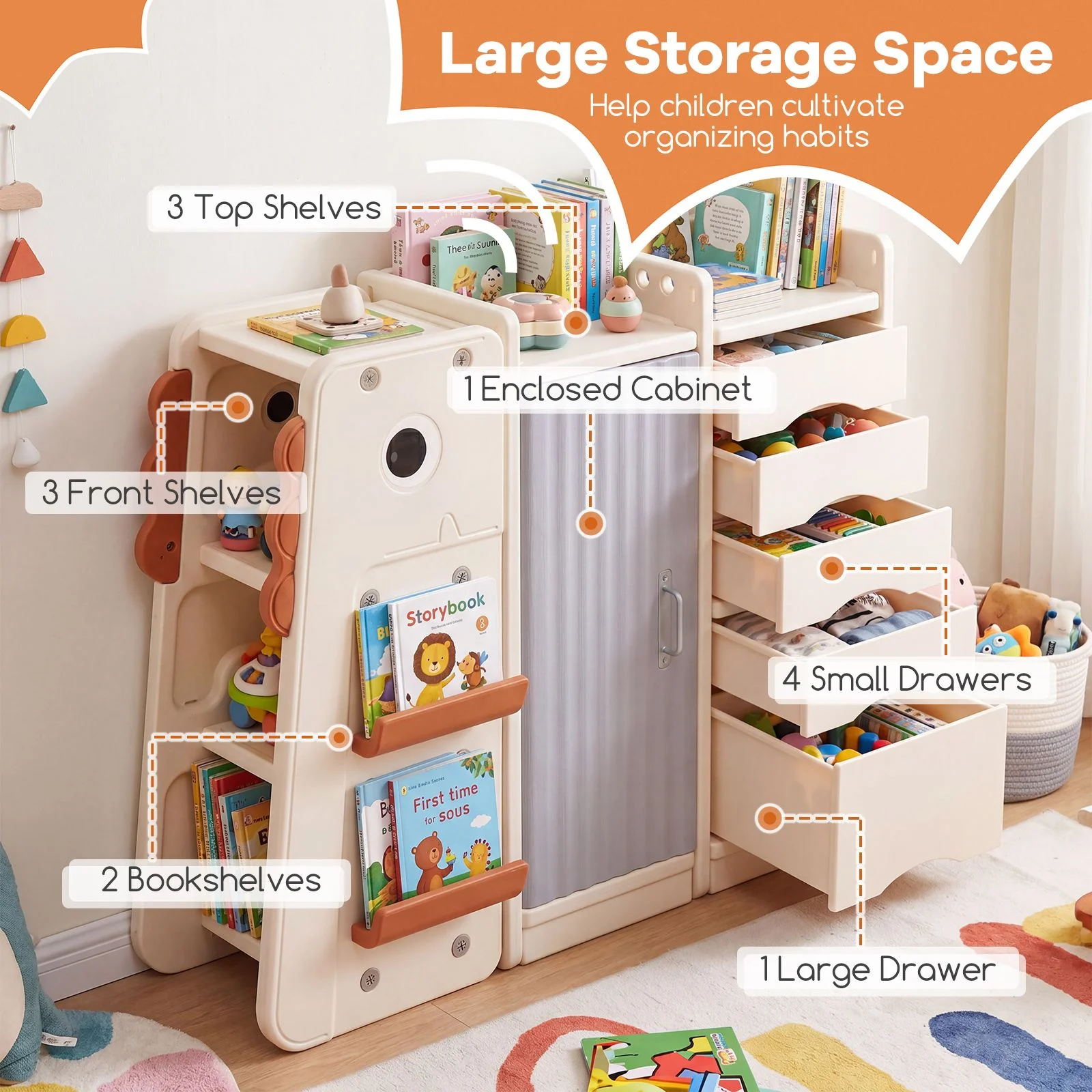 Dinosaur Toy Storage with 5 Bins and 3-Tier Bookshelf for Kids - Image 5