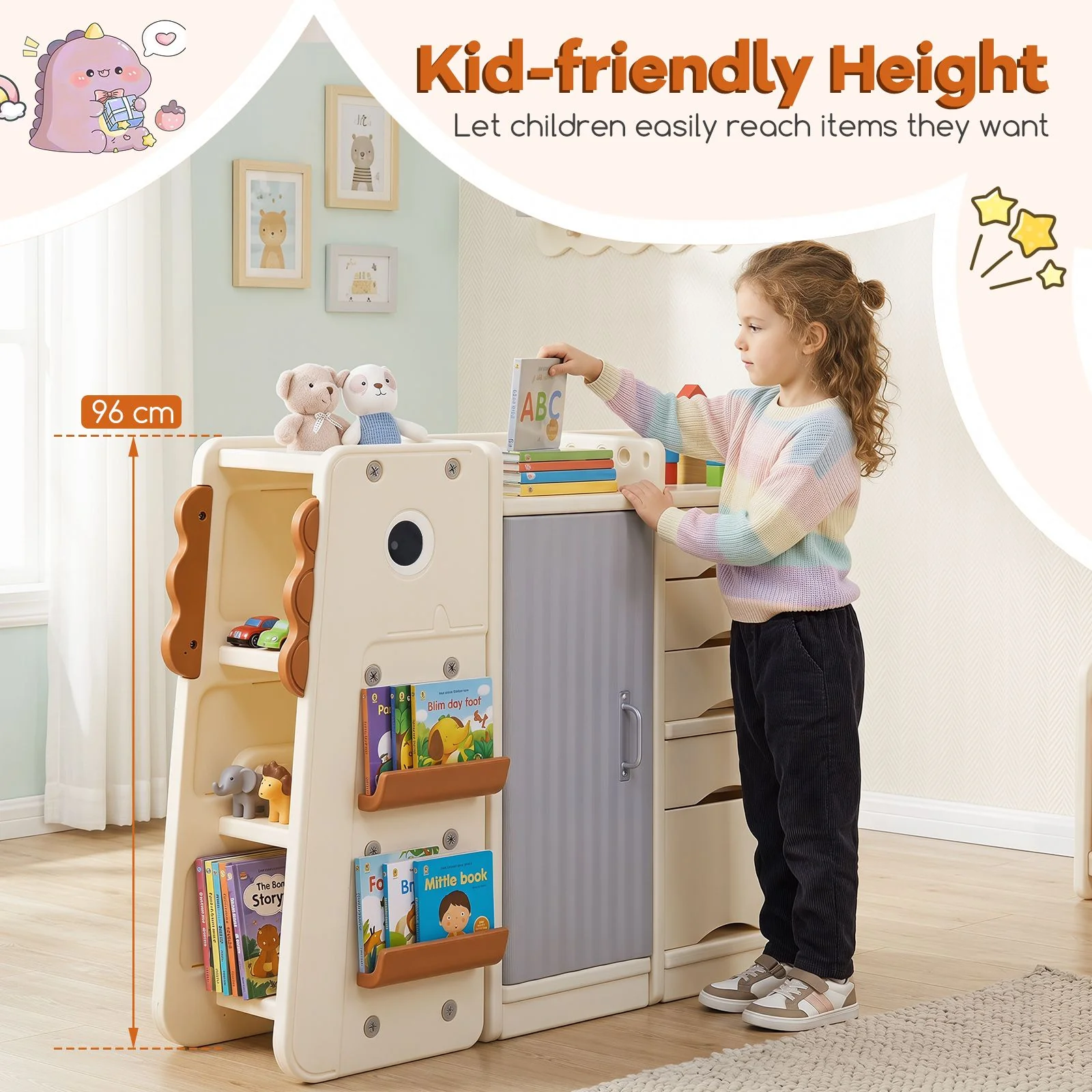 Dinosaur Toy Storage with 5 Bins and 3-Tier Bookshelf for Kids - Image 6