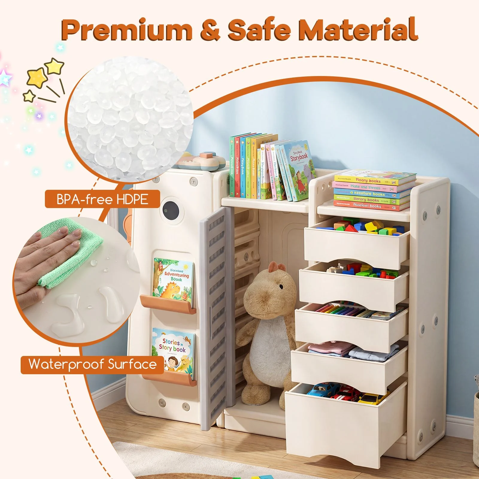 Dinosaur Toy Storage with 5 Bins and 3-Tier Bookshelf for Kids - Image 9