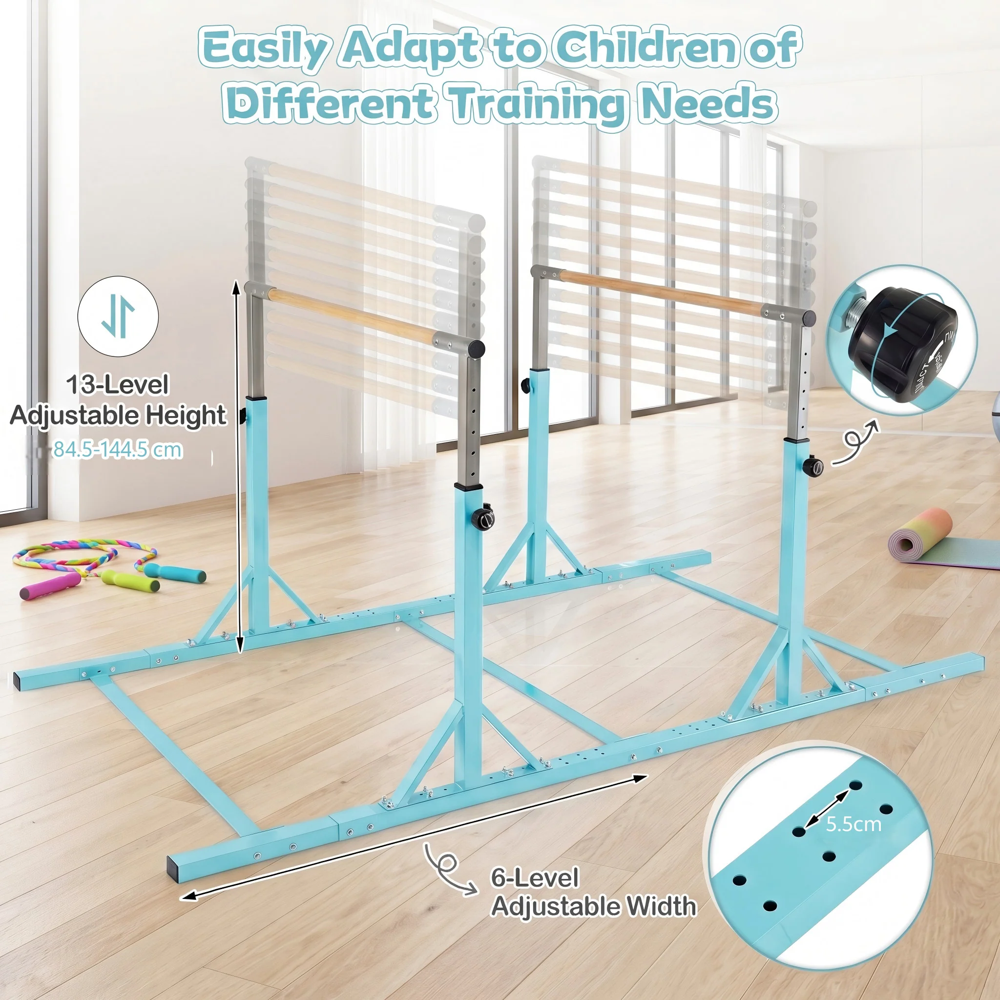 Double Horizontal Bars for Kids, 8 FT Junior Gymnastic Parallel Bars with 13-Level 33”-57” Adjustable Heights - Image 5