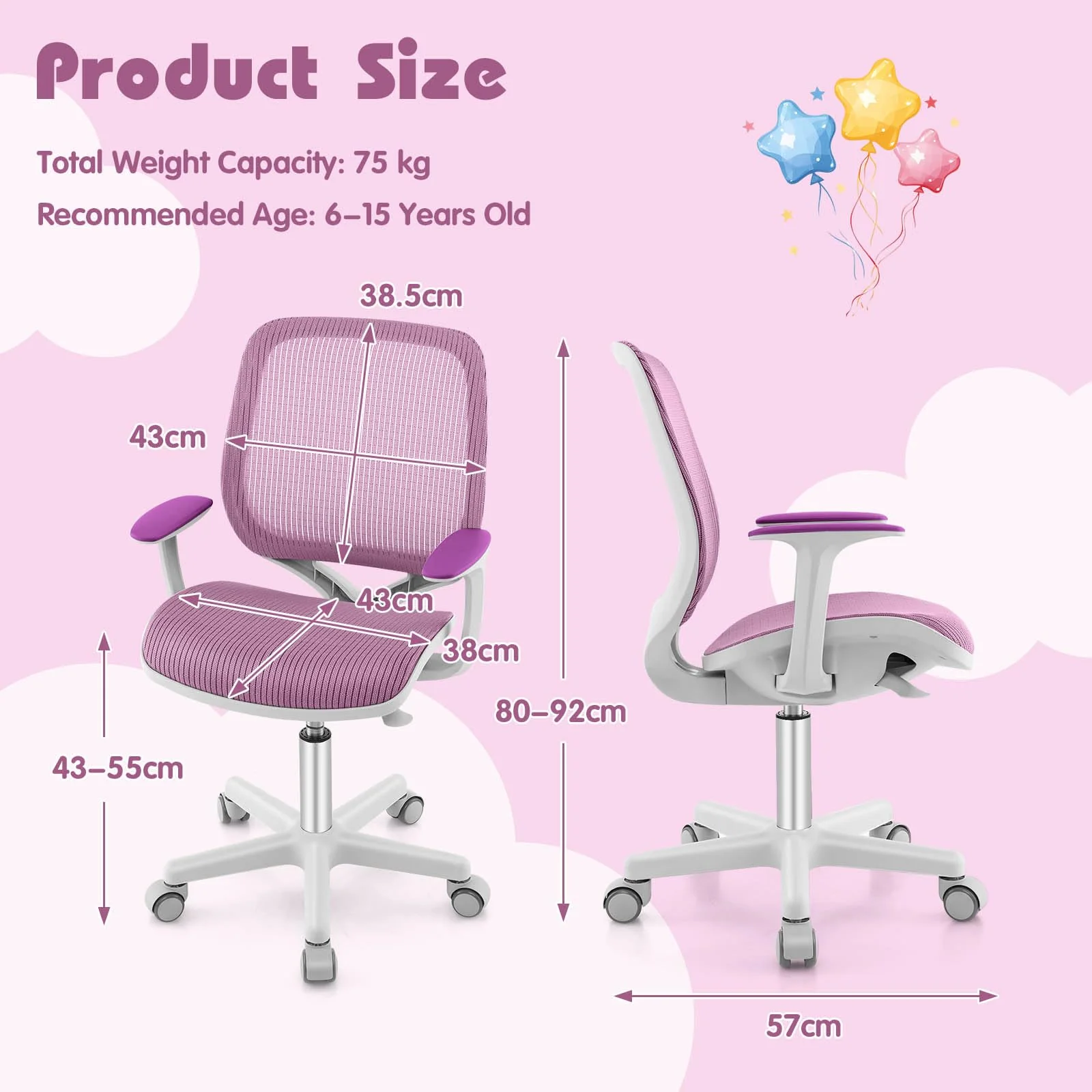 Ergonomic Children Study Computer Chair, Mesh Swivel Task Student Chair 6-15 Years for Home School Office - Image 3