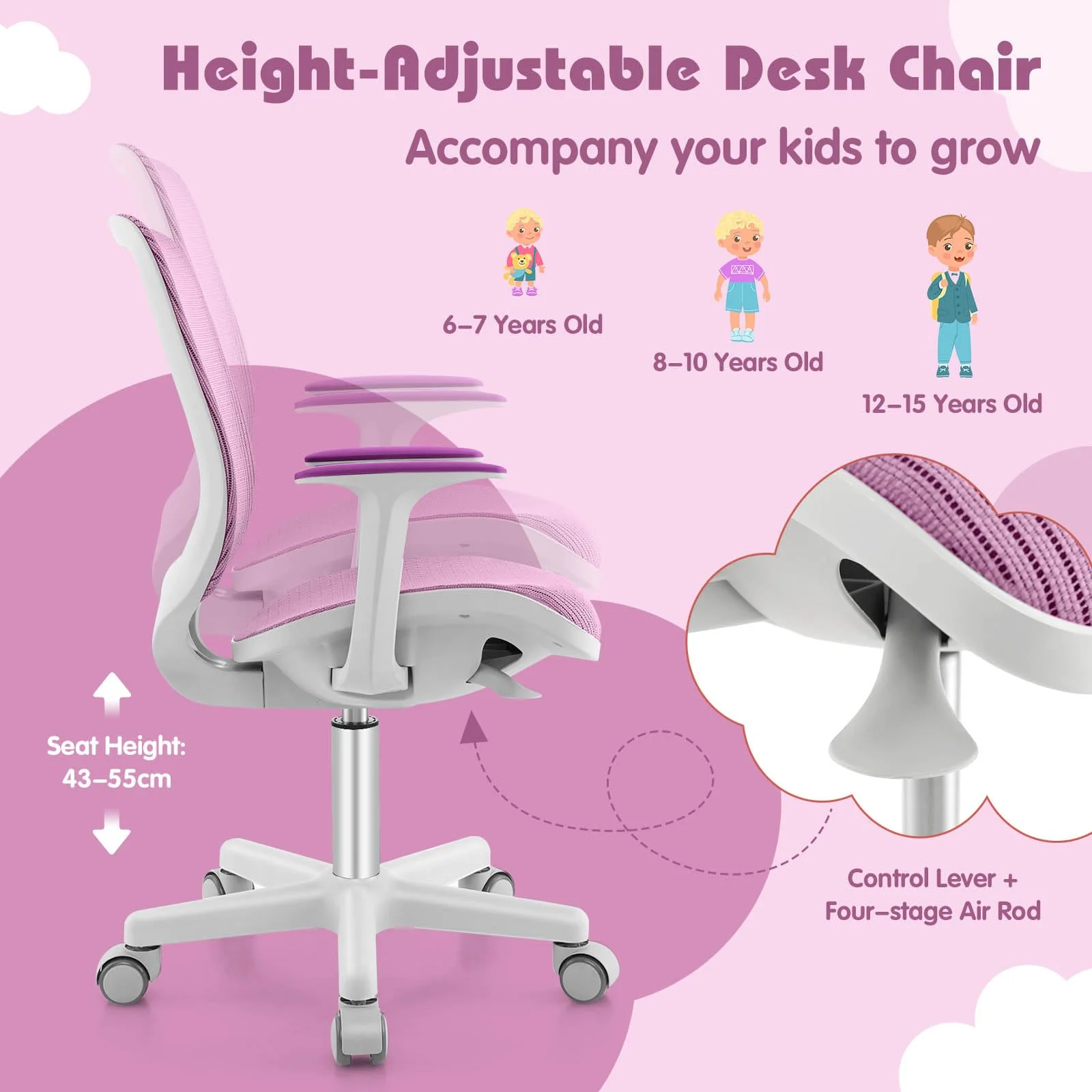 Ergonomic Children Study Computer Chair, Mesh Swivel Task Student Chair 6-15 Years for Home School Office - Image 4