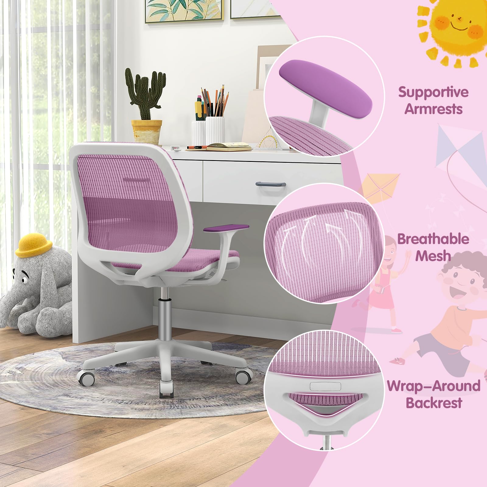 Ergonomic Children Study Computer Chair, Mesh Swivel Task Student Chair 6-15 Years for Home School Office - Image 7