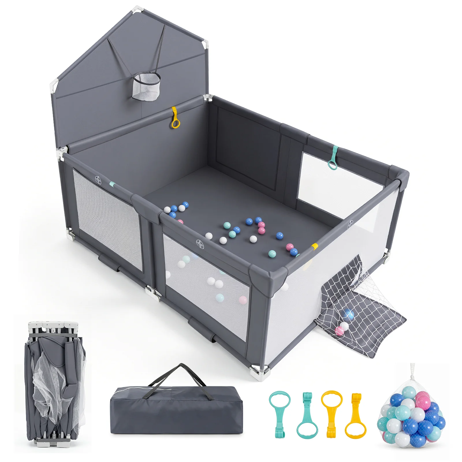 Foldable Baby Playpen, Large Play Yard Activity Center w/Basketball Hoop, Soccer Goal, Pull Rings & Ocean Balls for Infants
