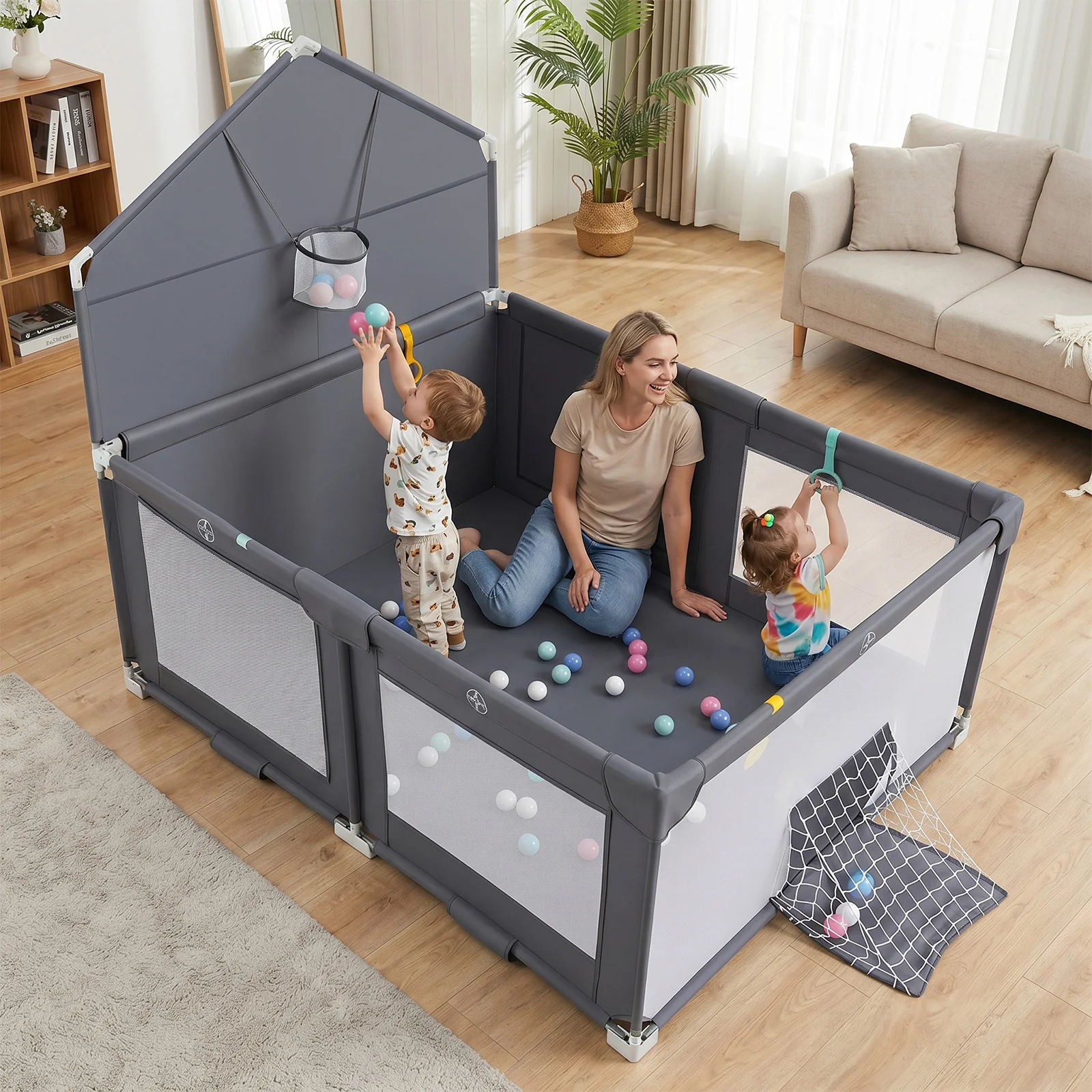 Foldable Baby Playpen, Large Play Yard Activity Center w/Basketball Hoop, Soccer Goal, Pull Rings & Ocean Balls for Infants - Image 2