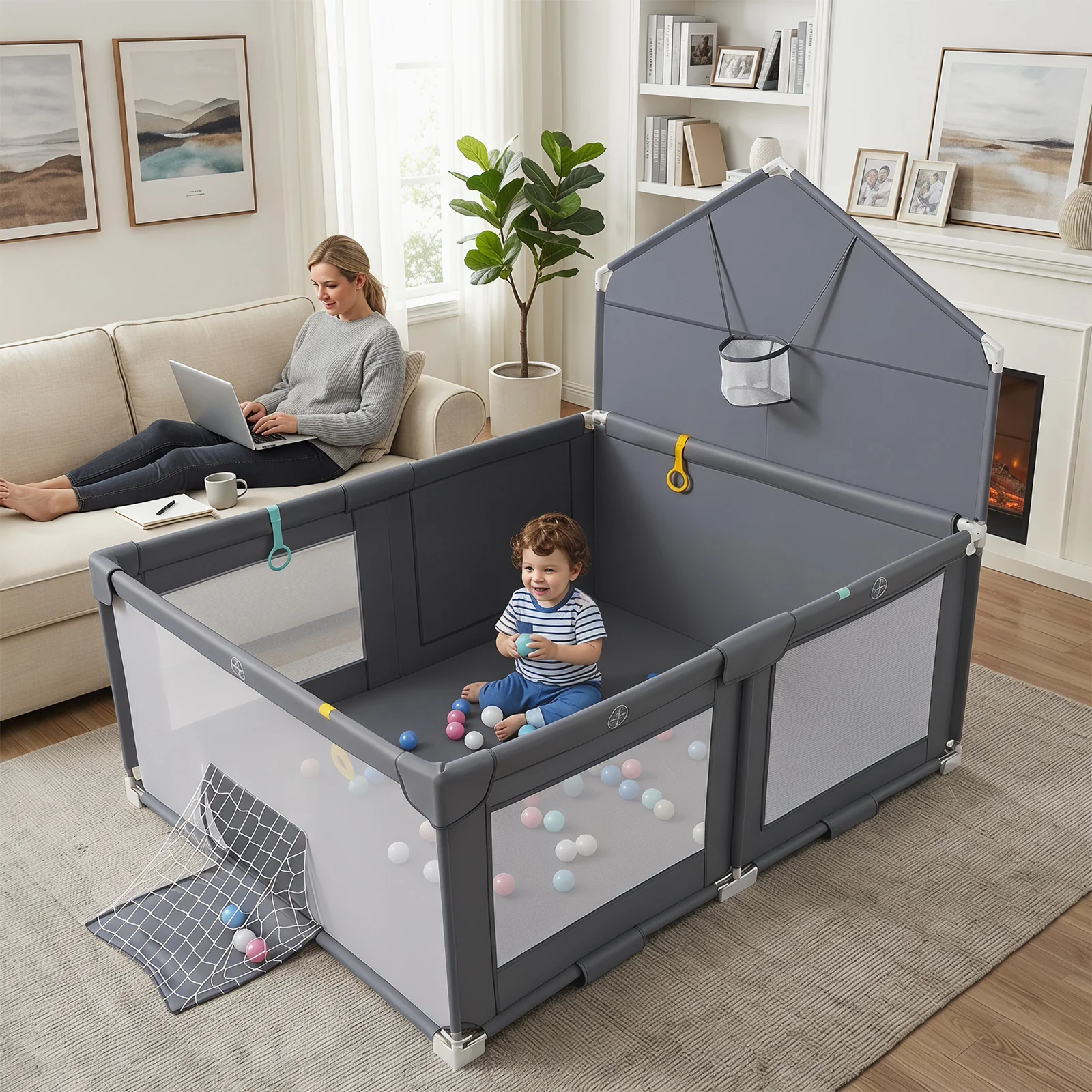 Foldable Baby Playpen, Large Play Yard Activity Center w/Basketball Hoop, Soccer Goal, Pull Rings & Ocean Balls for Infants - Image 3