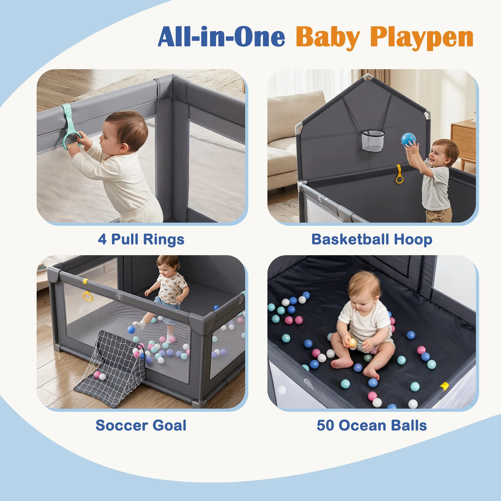 Foldable Baby Playpen, Large Play Yard Activity Center w/Basketball Hoop, Soccer Goal, Pull Rings & Ocean Balls for Infants - Image 4