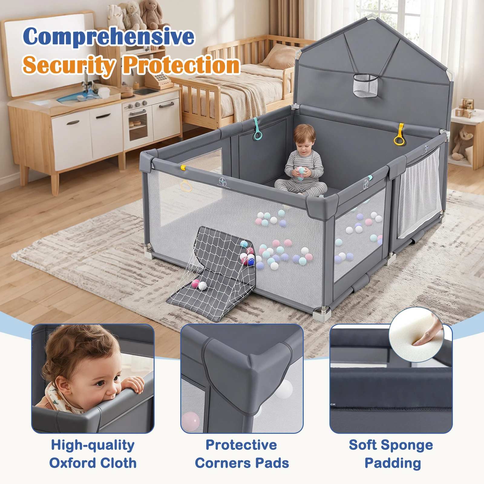 Foldable Baby Playpen, Large Play Yard Activity Center w/Basketball Hoop, Soccer Goal, Pull Rings & Ocean Balls for Infants - Image 5